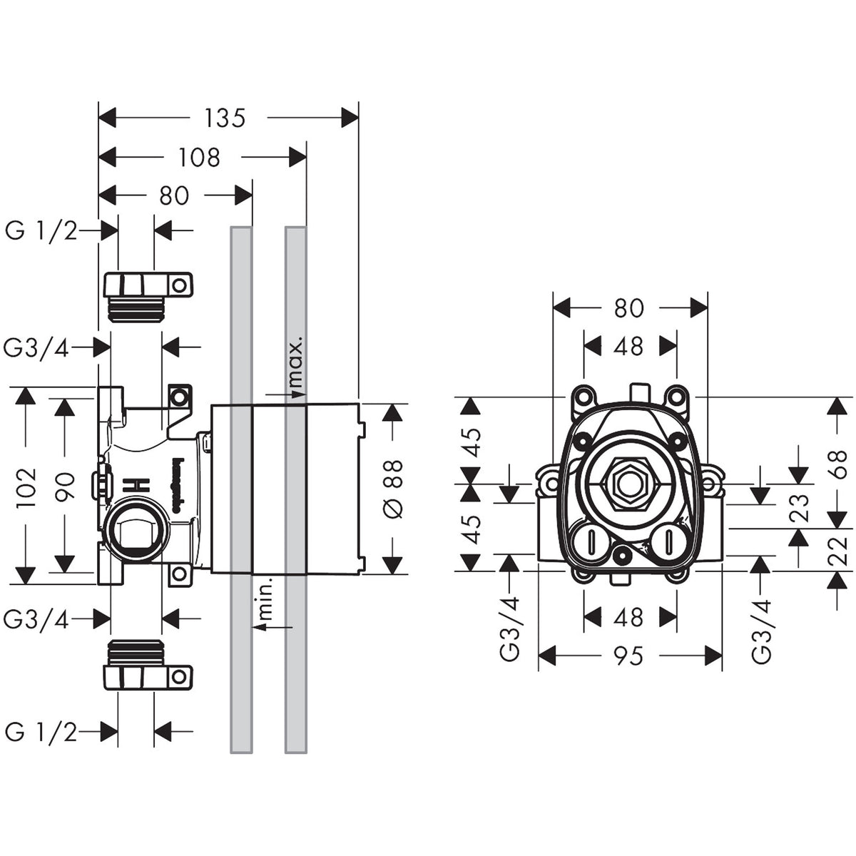 ער חיצונית למודול תרמוסטטי 360/120AXOR ShowerSolutions Basic set for thermostatic module 120/120 for concealed installation