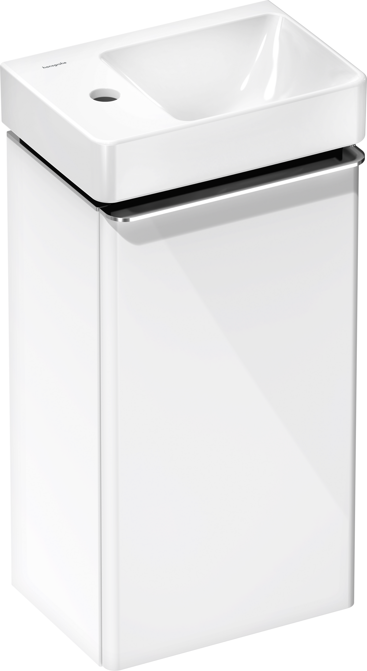 סט ארון אמבטיה וכיור הנס גרואה Hansgrohe Xelu Q Vanity unit set High Gloss White 340/245 door hinge left with handrinse basin, shelf left