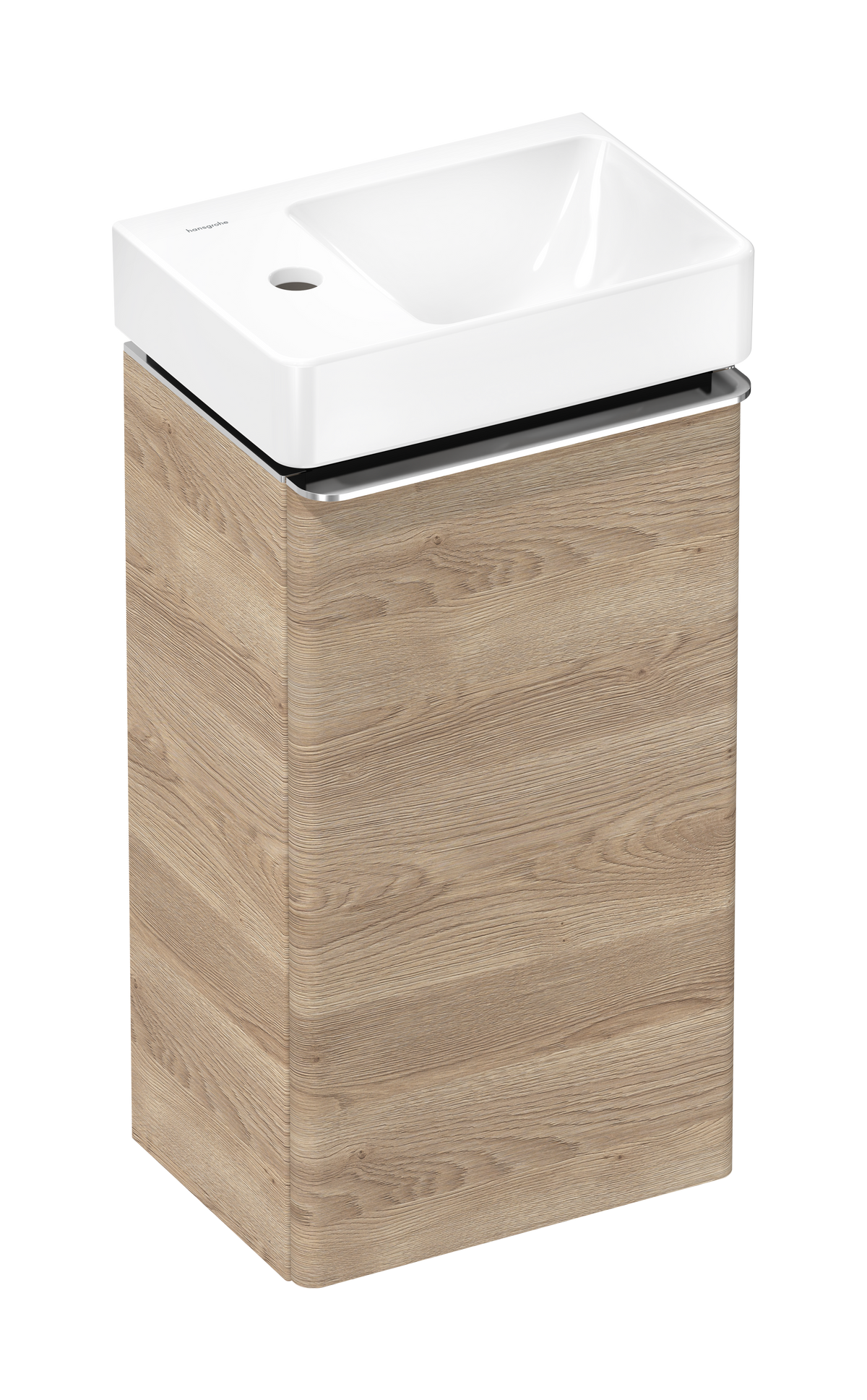 סט ארון אמבטיה וכיור הנס גרואה Hansgrohe Xelu Q Vanity unit set Natural Oak 340/245 door hinge left with handrinse basin, shelf left