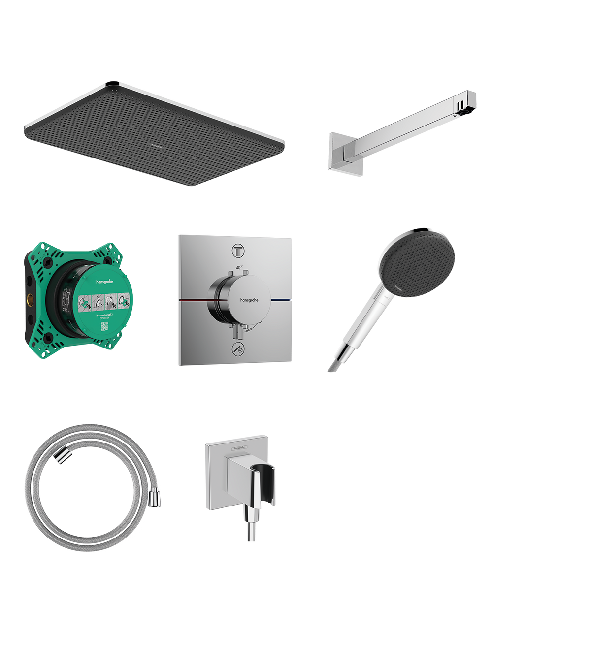 מערכת מקלחת עם תרמוסטט הנס גרואה Hansgrohe Raindance Alive Q Design ShowerSet 210/340 1jet with thermostat and basic set iBox universal 2