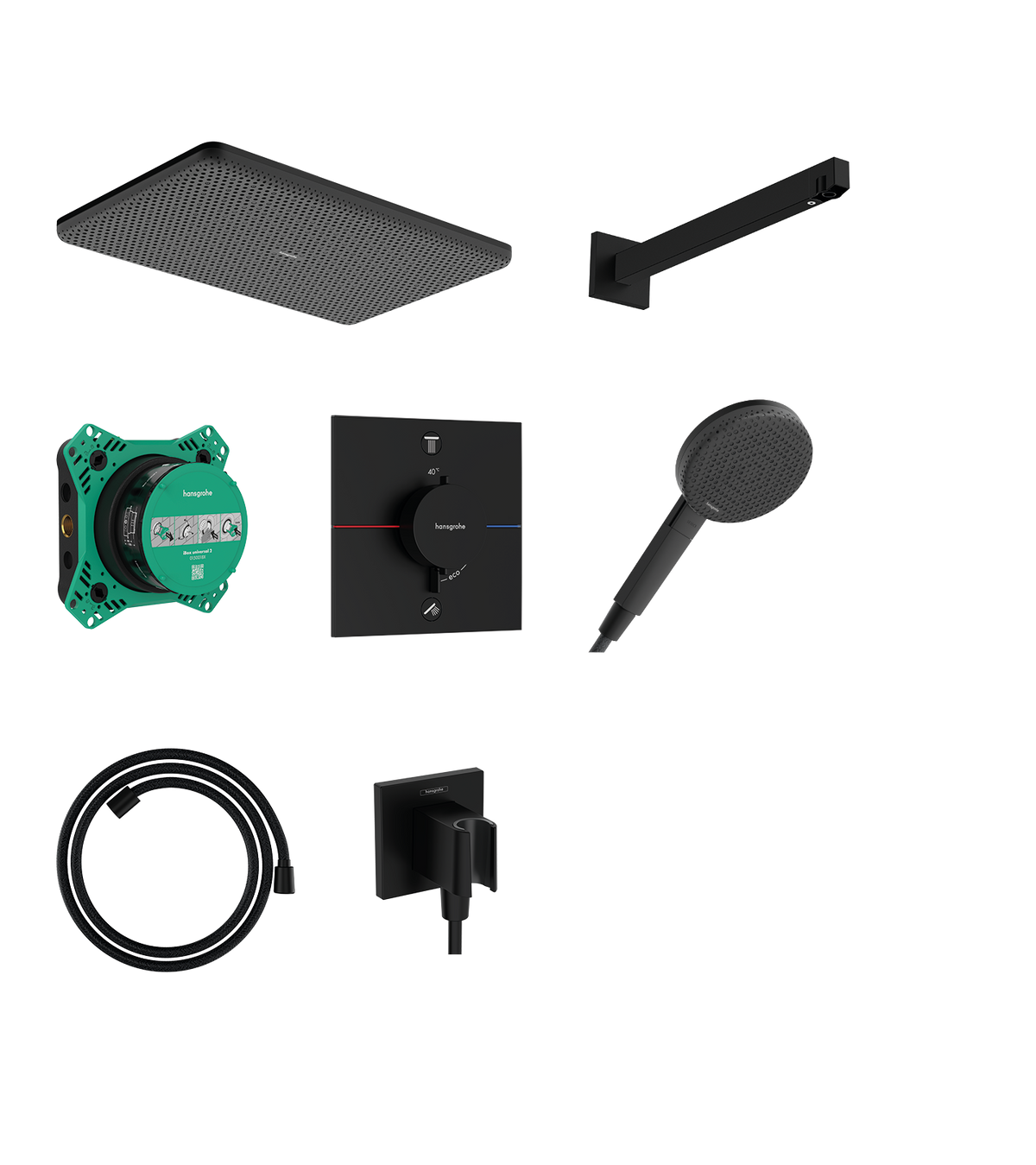מערכת מקלחת עם תרמוסטט הנס גרואה Hansgrohe Raindance Alive Q Design ShowerSet 210/340 1jet with thermostat and basic set iBox universal 2
