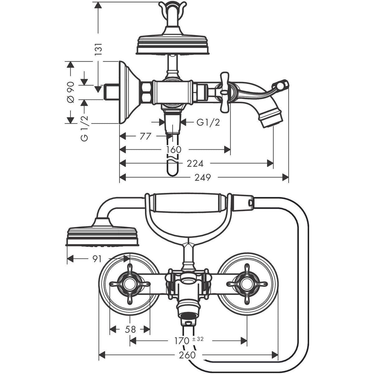 ברז אמבטיה עם ידיות מנוף ומזלף יד אקסור AXOR Montreux 2-handle bath mixer for exposed installation with lever handles
