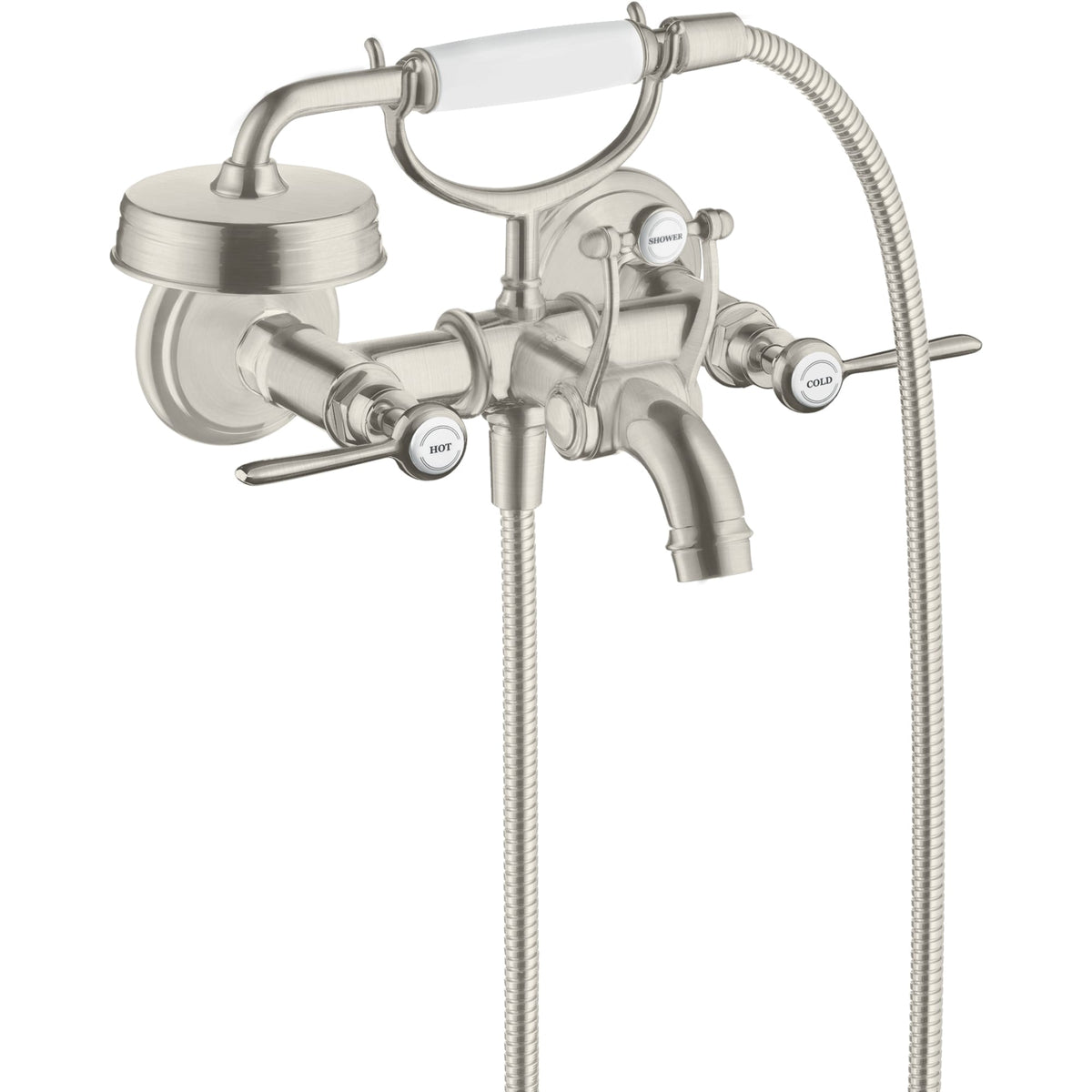 ברז אמבטיה עם ידיות מנוף ומזלף יד אקסור AXOR Montreux 2-handle bath mixer for exposed installation with lever handles
