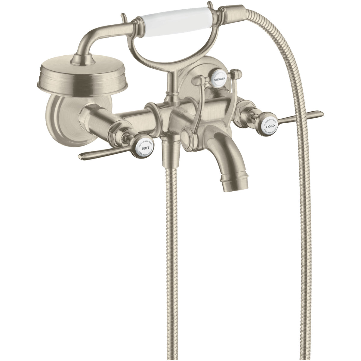 ברז אמבטיה עם ידיות מנוף ומזלף יד אקסור AXOR Montreux 2-handle bath mixer for exposed installation with lever handles