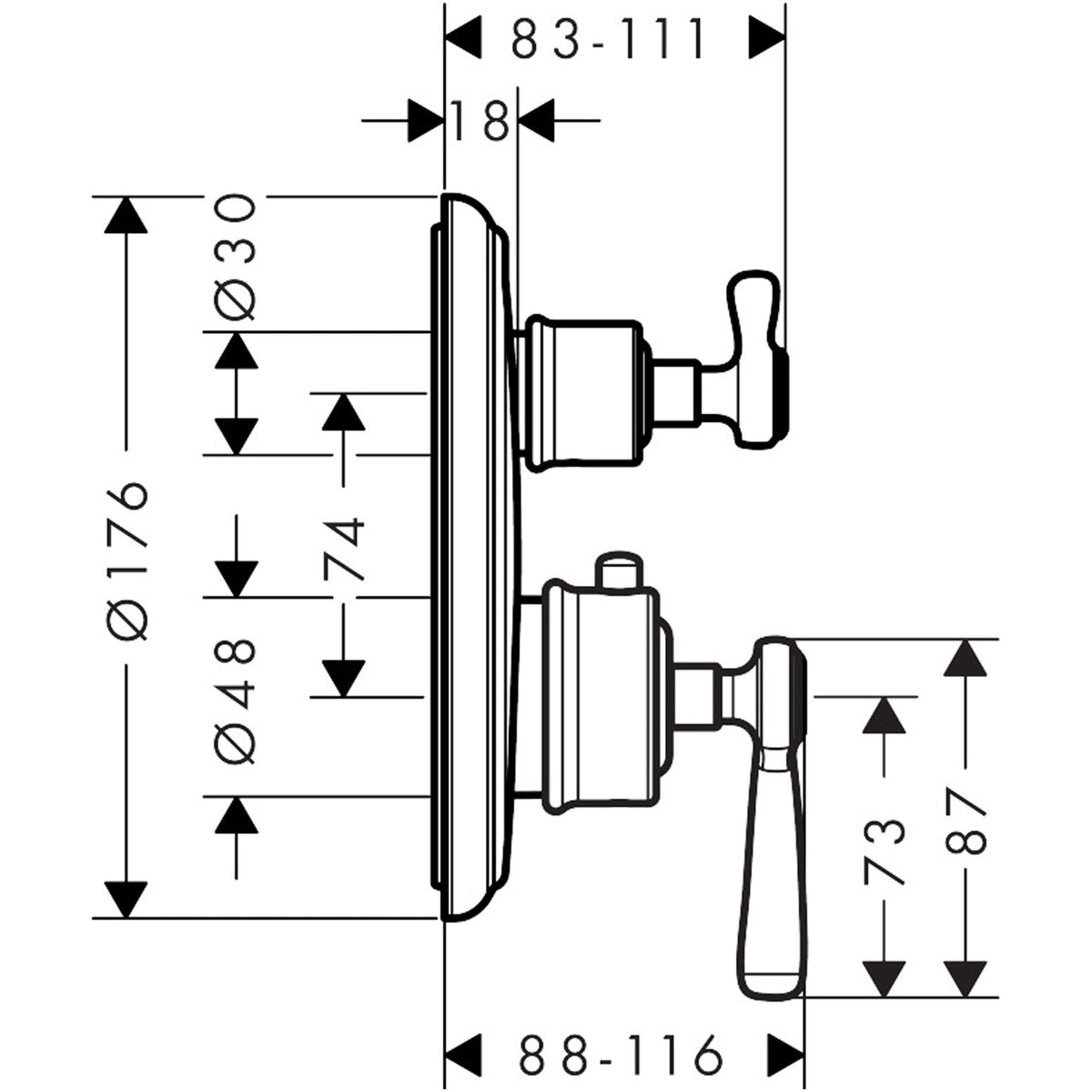 אינטרפוץ תרמוסטטי 3 דרךAXOR Montreux Thermostat for concealed installation with lever handle and shut-off valve