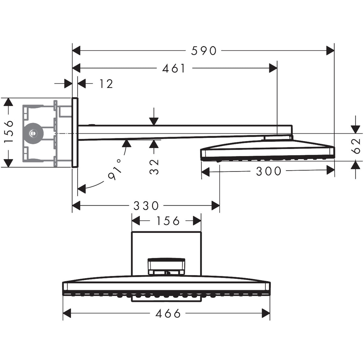 ראש מקלחת עם זרוע אקסור AXOR ShowerSolutions Overhead shower 460/300 3jet with shower arm and square escutcheon