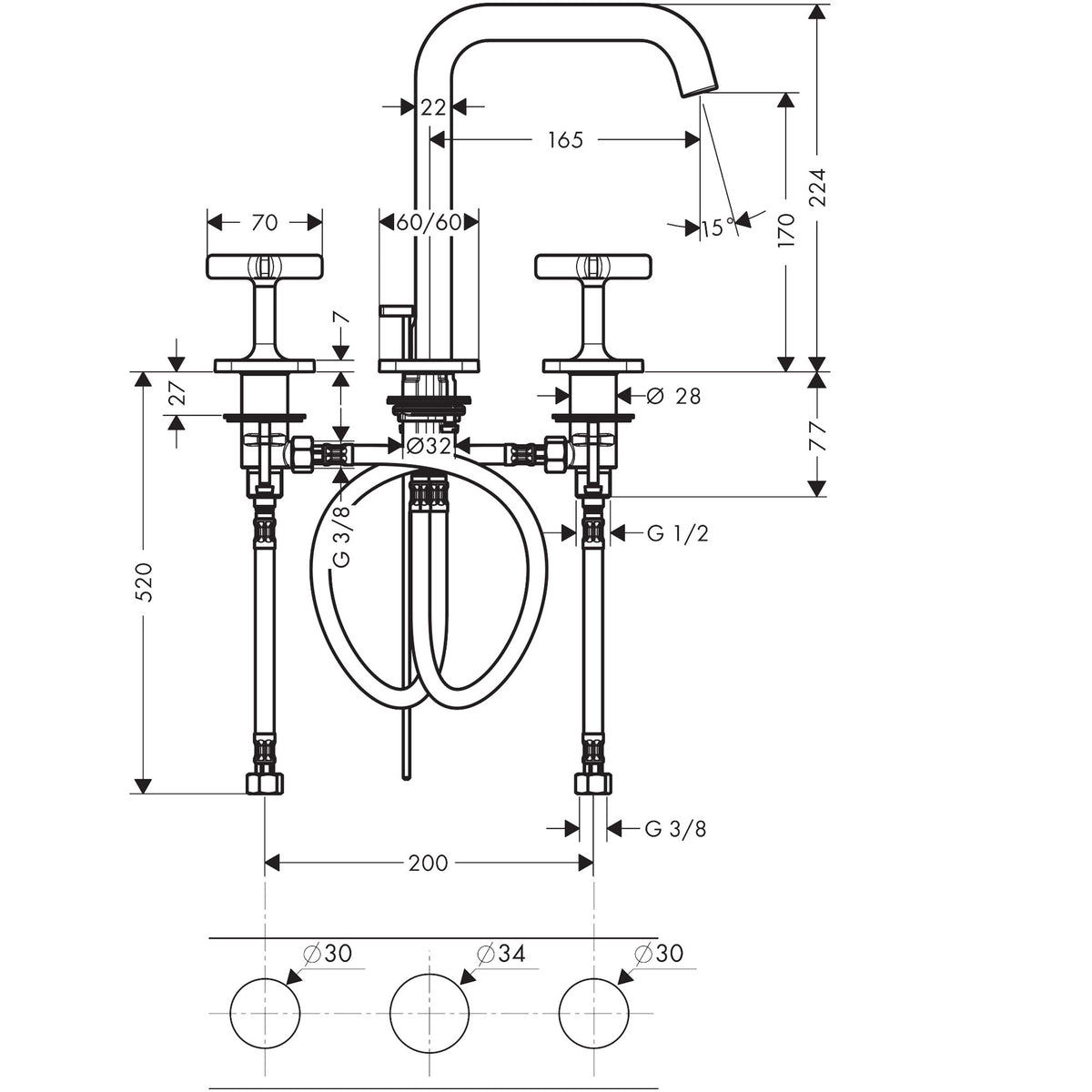ברז כיור 3 חורים עם מערכת ניקוז אקסור AXOR Citterio E 3-hole basin mixer 170 with escutcheons and pop-up waste set