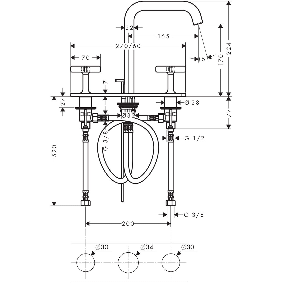 ברז כיור 3 חורים עם מערכת ניקוז אקסור AXOR Citterio E 3-hole basin mixer 170 with plate and pop-up waste set