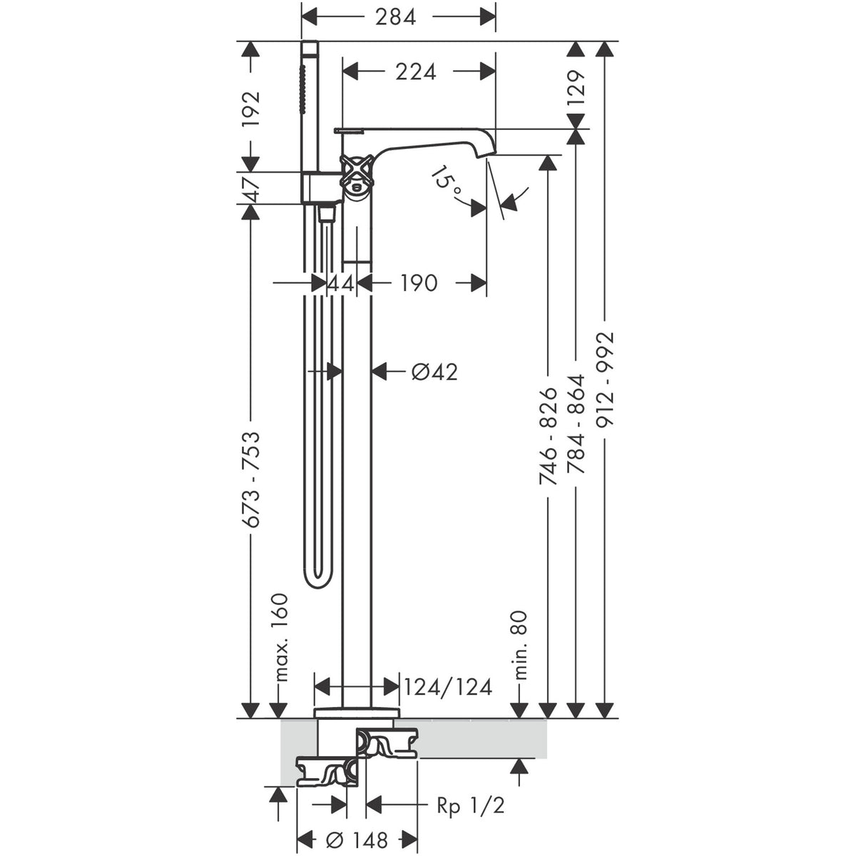 ברז רצפתי לאמבטיה עם מזלף יד אקסור  AXOR Citterio E Bath thermostat floor-standing