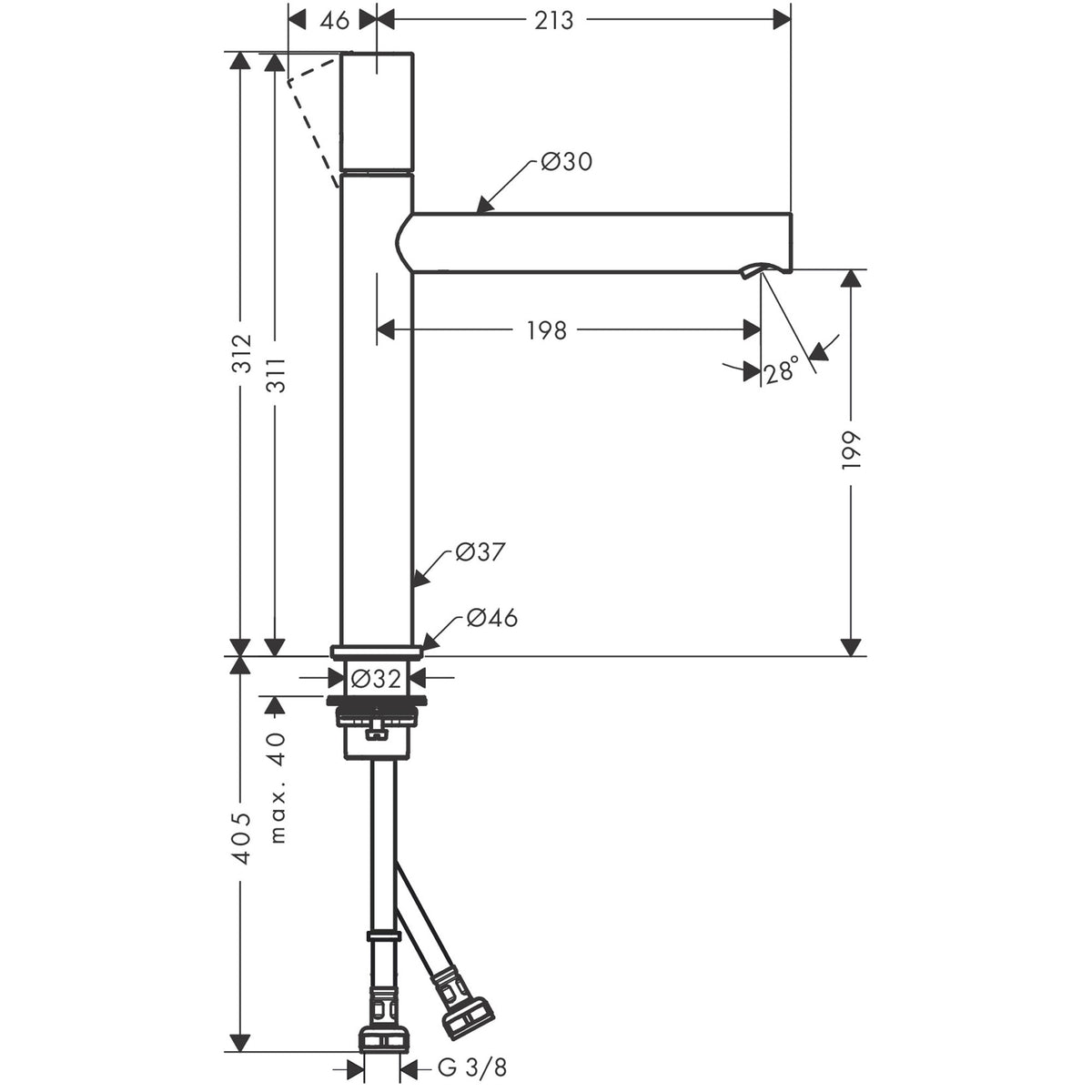 סוללת פרח לכיור רחצהAXOR Uno Single lever basin mixer 200 with zero handle for wash bowls and waste set