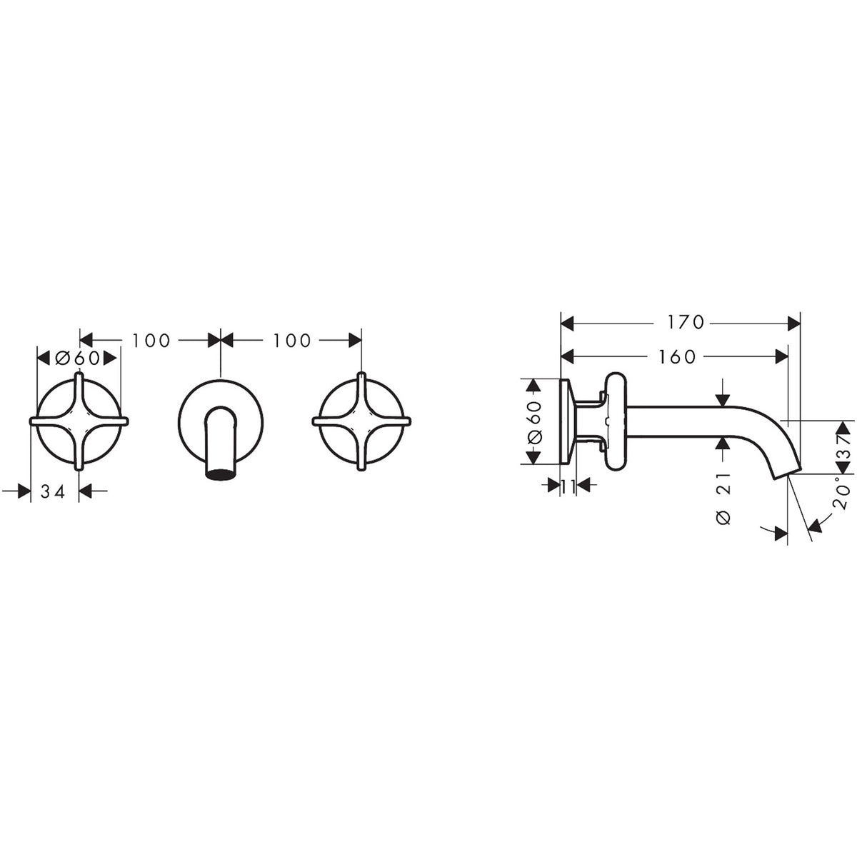 0AXOR One 3-hole basin mixer for concealed installation wall-mounted with spout 160 mm and cross handles