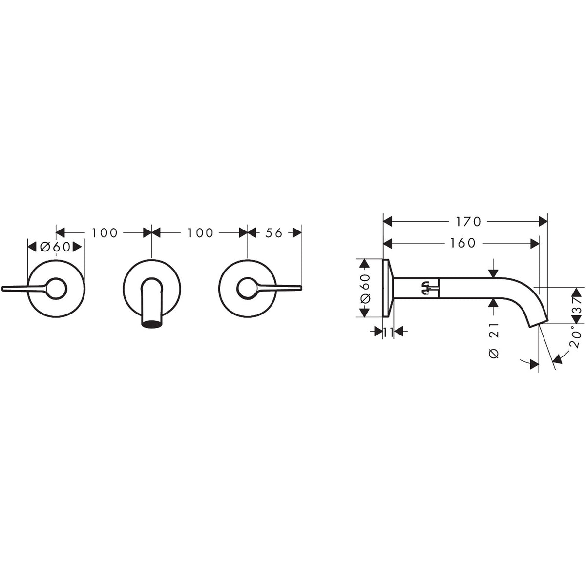 0AXOR One 3-hole basin mixer for concealed installation wall-mounted with spout 160 mm and lever handles