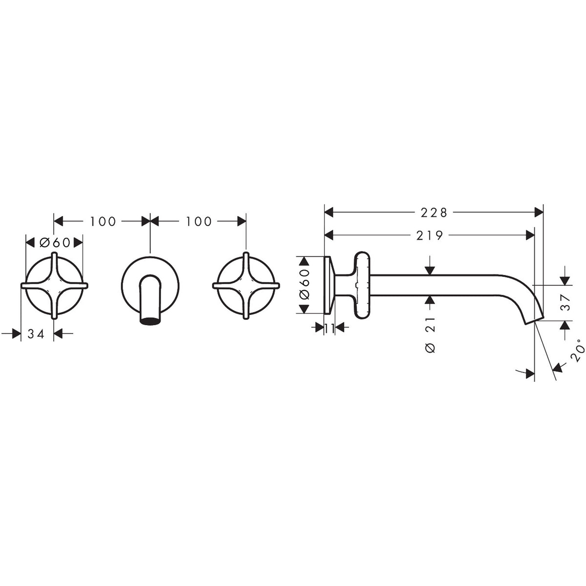 AXOR One 3-hole bath mixer for concealed installation wall-mounted with cross handles