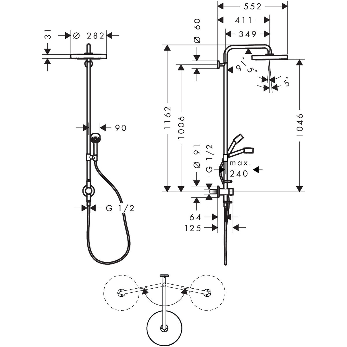 מערכת מקלחת משולבת עם תרמוסטט   AXOR One Showerpipe with thermostat and overhead shower 280 1jet for concealed installation