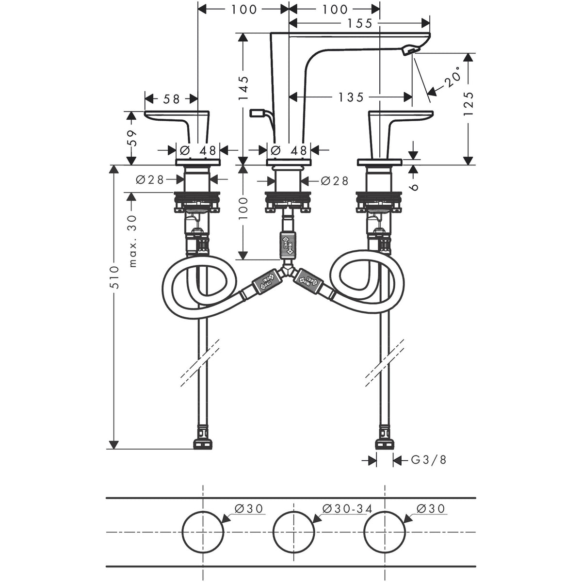 ברז כיור 3 חורים עם מערכת ניקוז אקסור AXOR Citterio C 3-hole basin mixer 125 with pop-up waste set