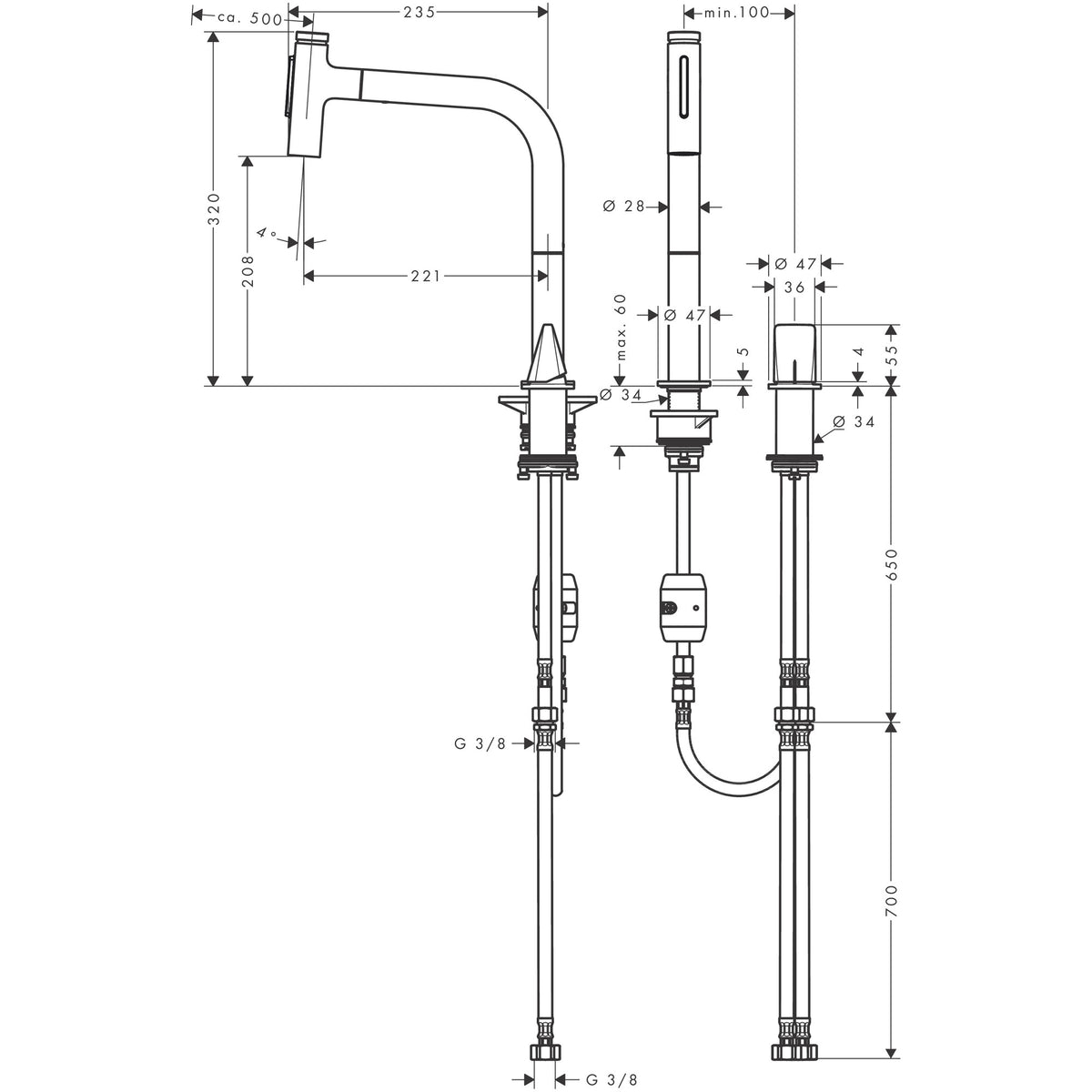 ברז מטבח נשלף ללא ידית כולל 2 מצבי זרימה.Metris Select M71 2-hole single lever kitchen mixer 200, pull-out spray, 2jet