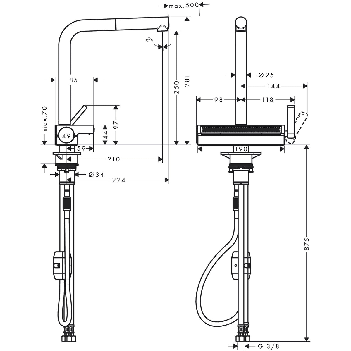 ברז מטבח נשלף 2 מצבי זרימה Aquno Select M81 Single lever kitchen mixer 250, pull-out spout, 2jet