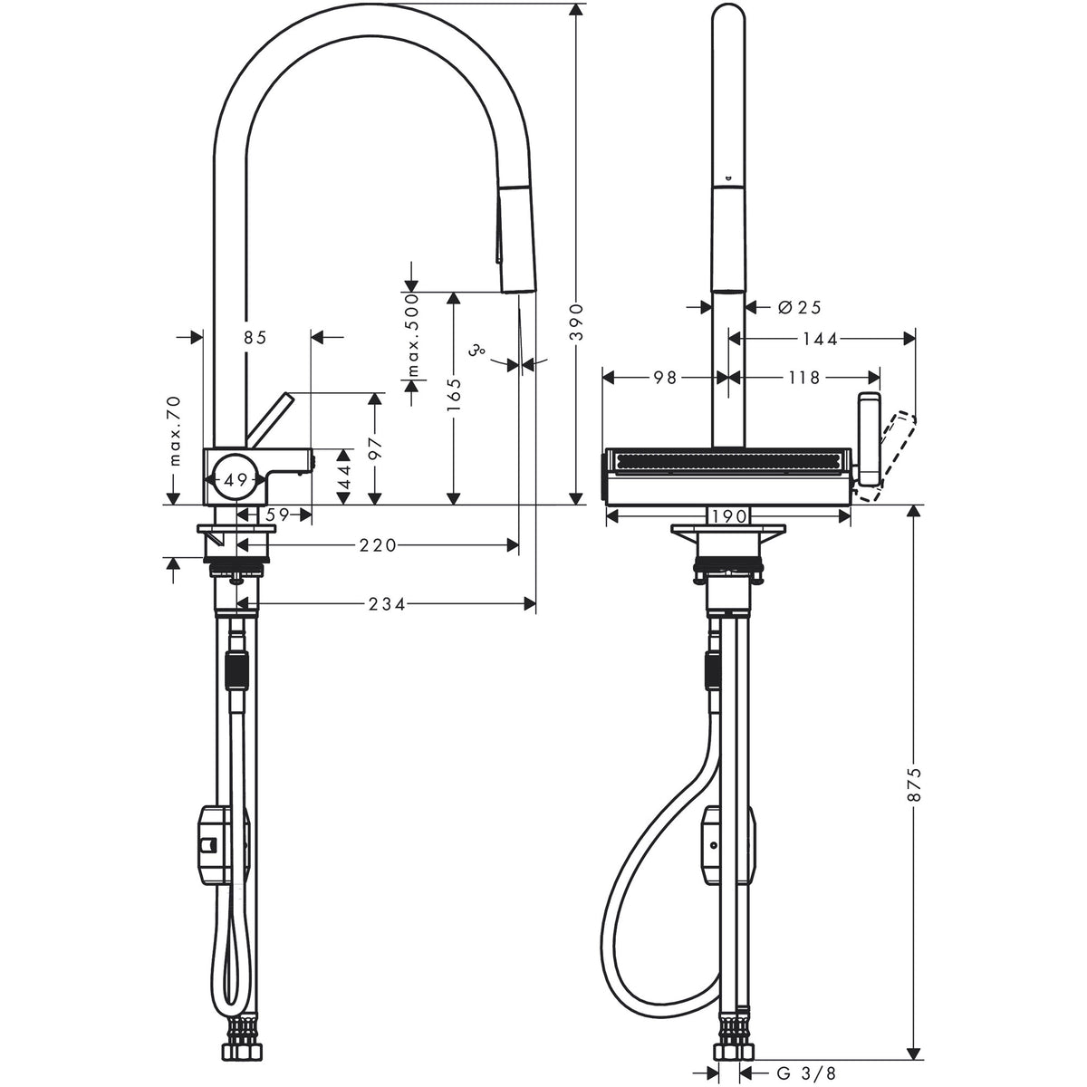 ברז מטבח נשלף עם 3 מצבי זרימה Aquno Select M81 Single lever kitchen mixer 170, pull-out spray, 3jet
