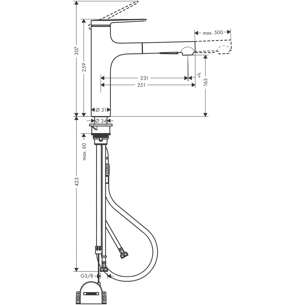 ברז מטבח נשלף Zesis M33 Single lever kitchen mixer, 160, pull-out spray, 2jet, sBox lite