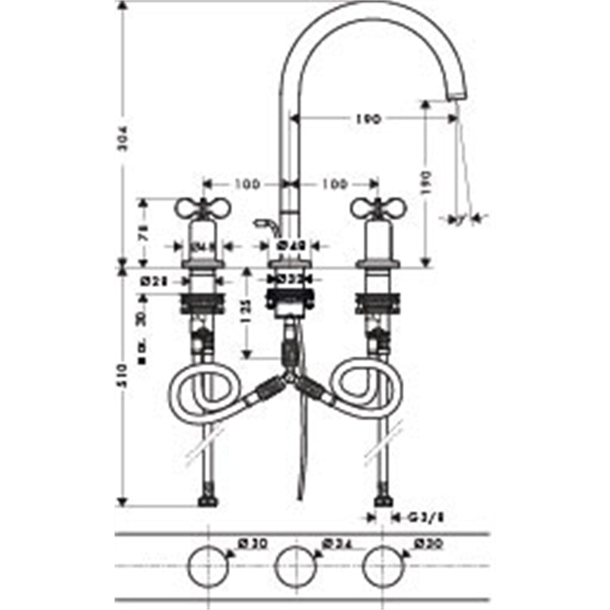 AXOR-Archivio-3-hole-basin-mixer-190-with-cross-handles-and-pop-up-waste-set-34027-technical-01