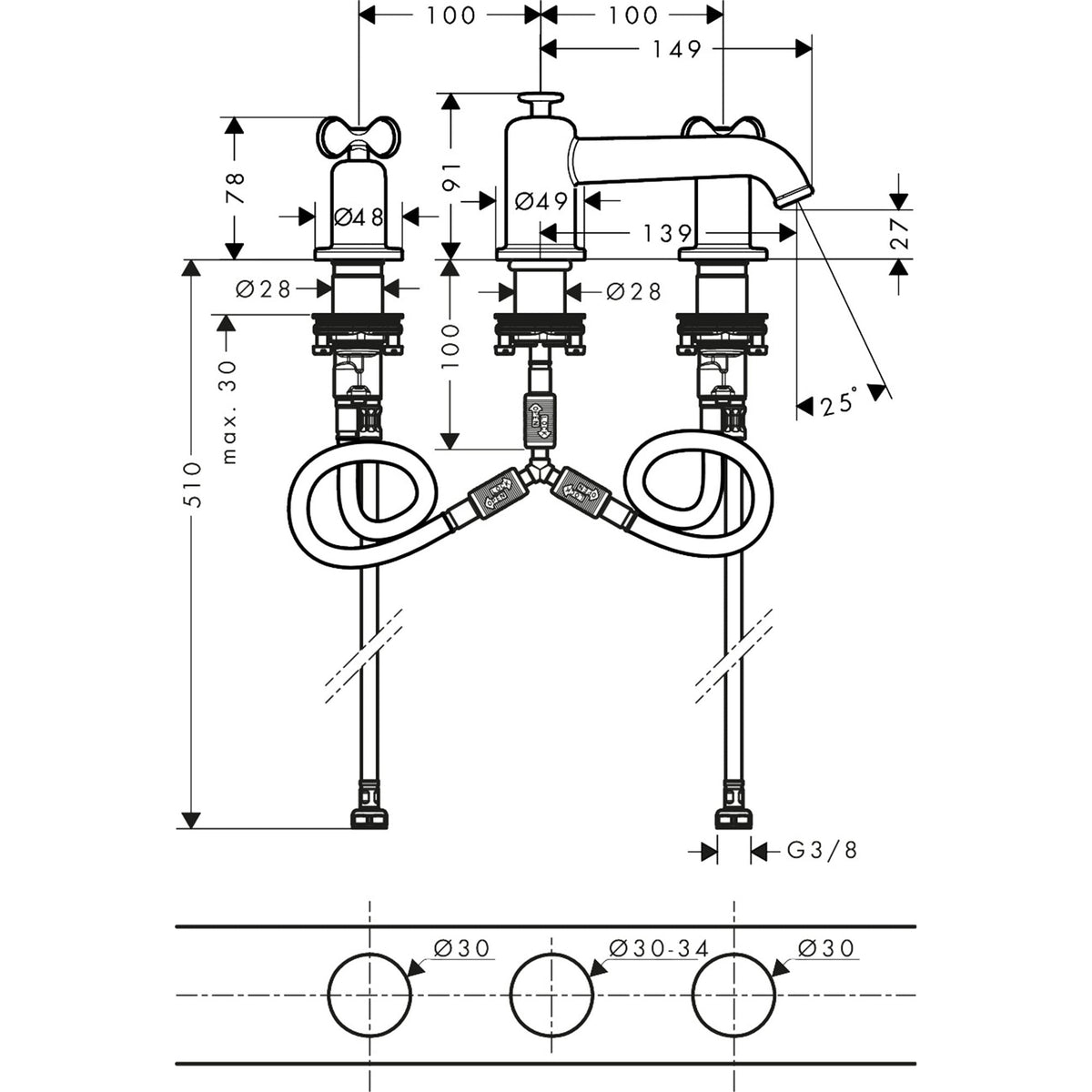 AXOR-Archivio-3-hole-basin-mixer-30-with-cross-handles-and-pop-up-waste-set-34024-technical-01