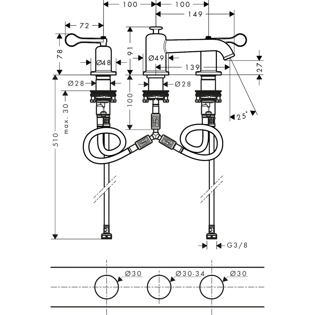 AXOR-Archivio-3-hole-basin-mixer-30-with-lever-handles-and-pop-up-waste-set-34026-technical-01