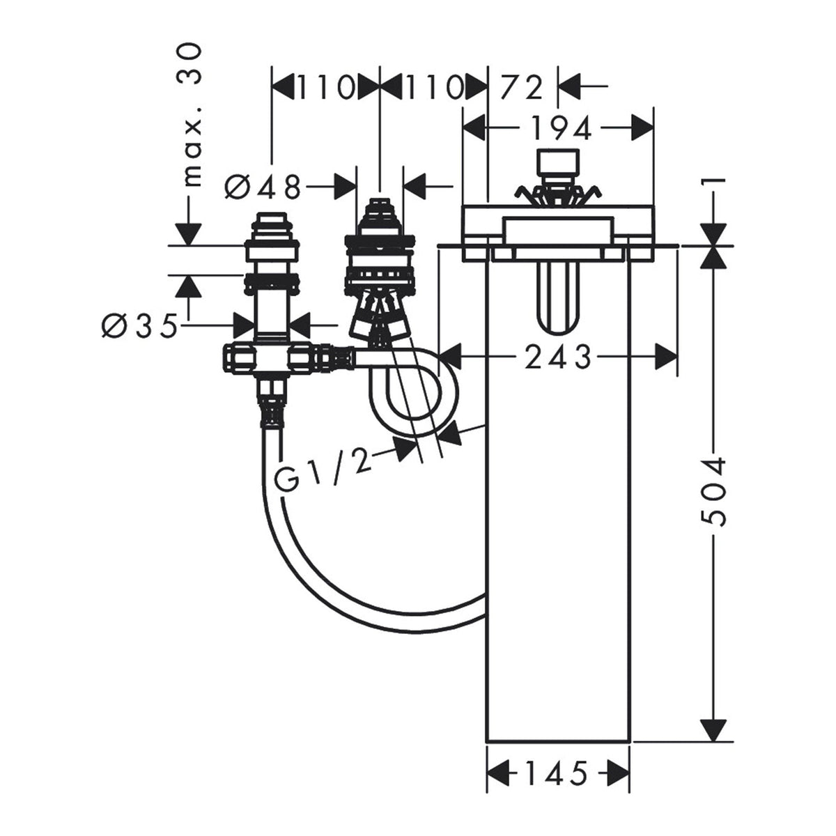 AXOR Basic set for 3 hole rim mounted single lever bath mixer 15487 technical 01