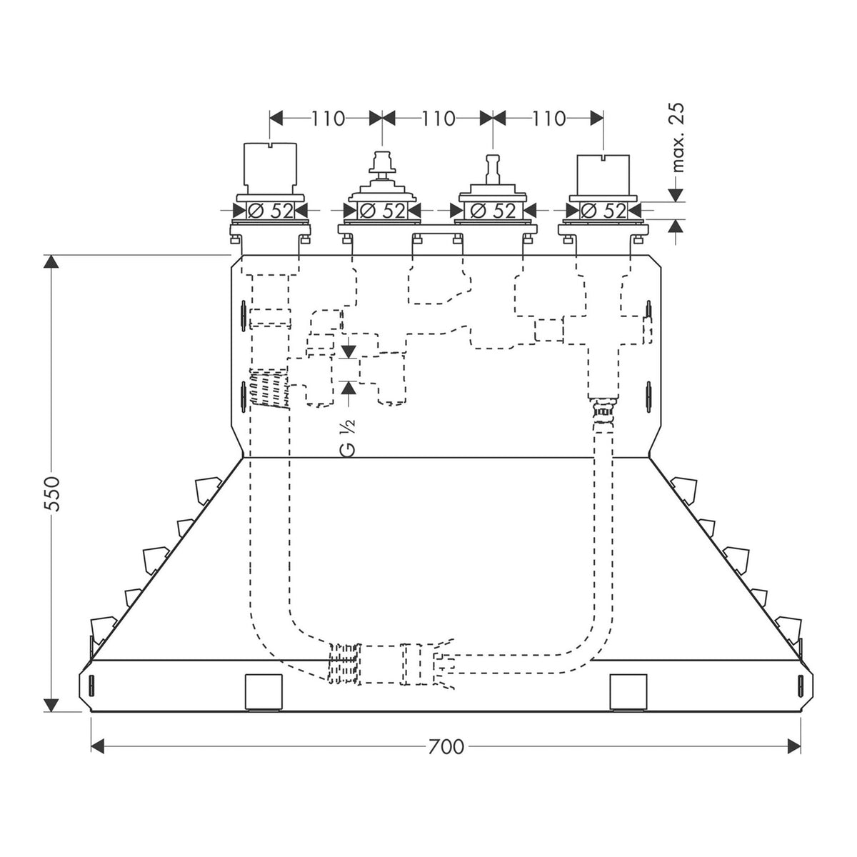 AXOR Basic set for 4 hole rim mounted thermostatic bath mixer 15482 technical 01