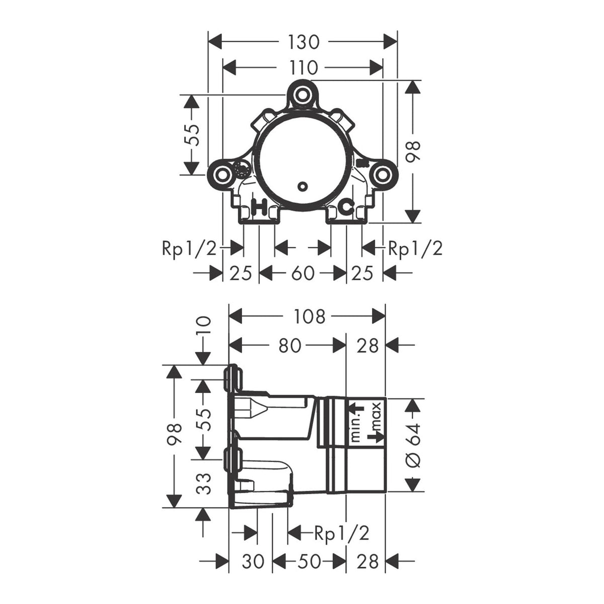 AXOR Basic set for basin mixer for concealed installation wall mounted Select 13625 technical 01
