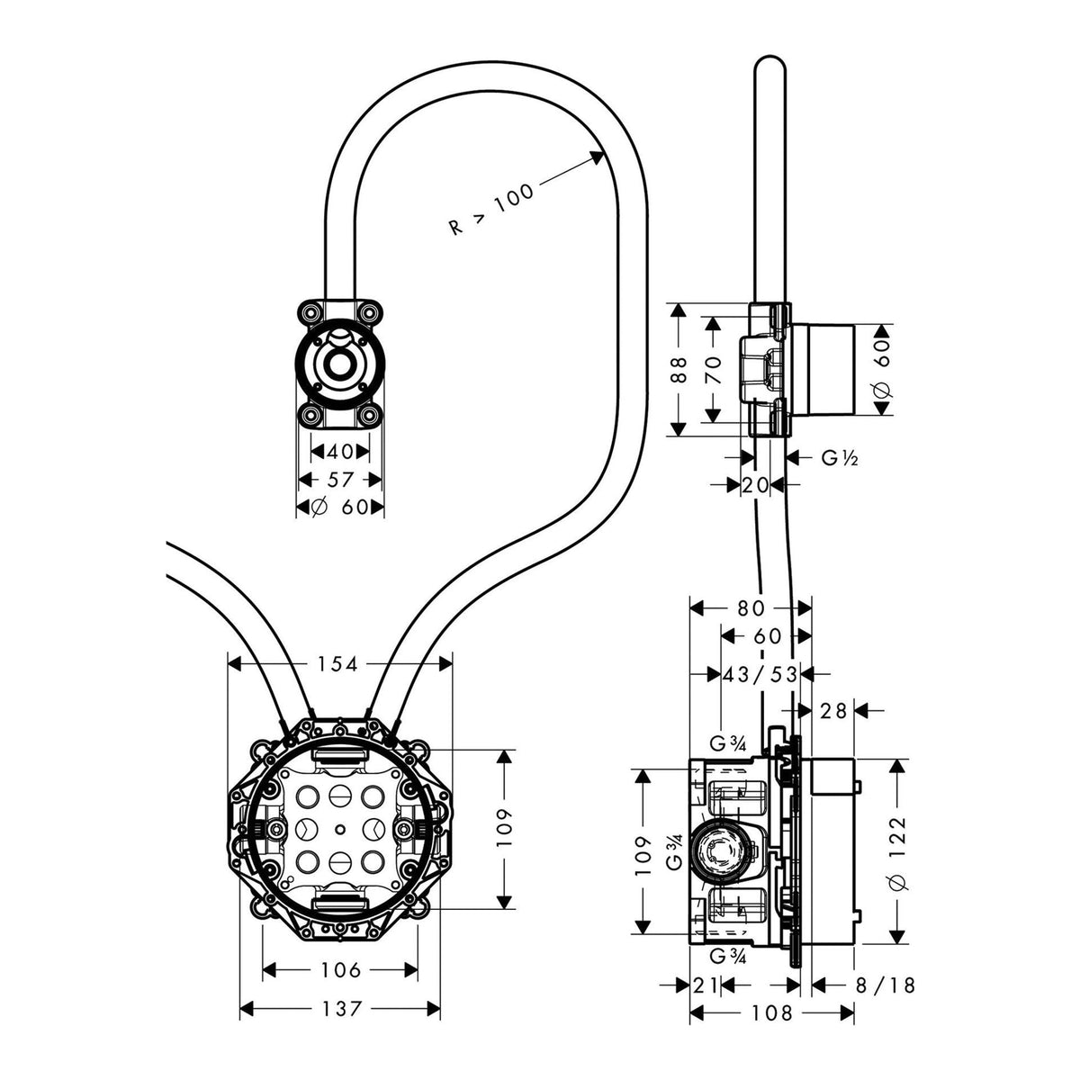 AXOR Basic set for electronic basin mixer for concealed installation wall mounted 16180 technical 01