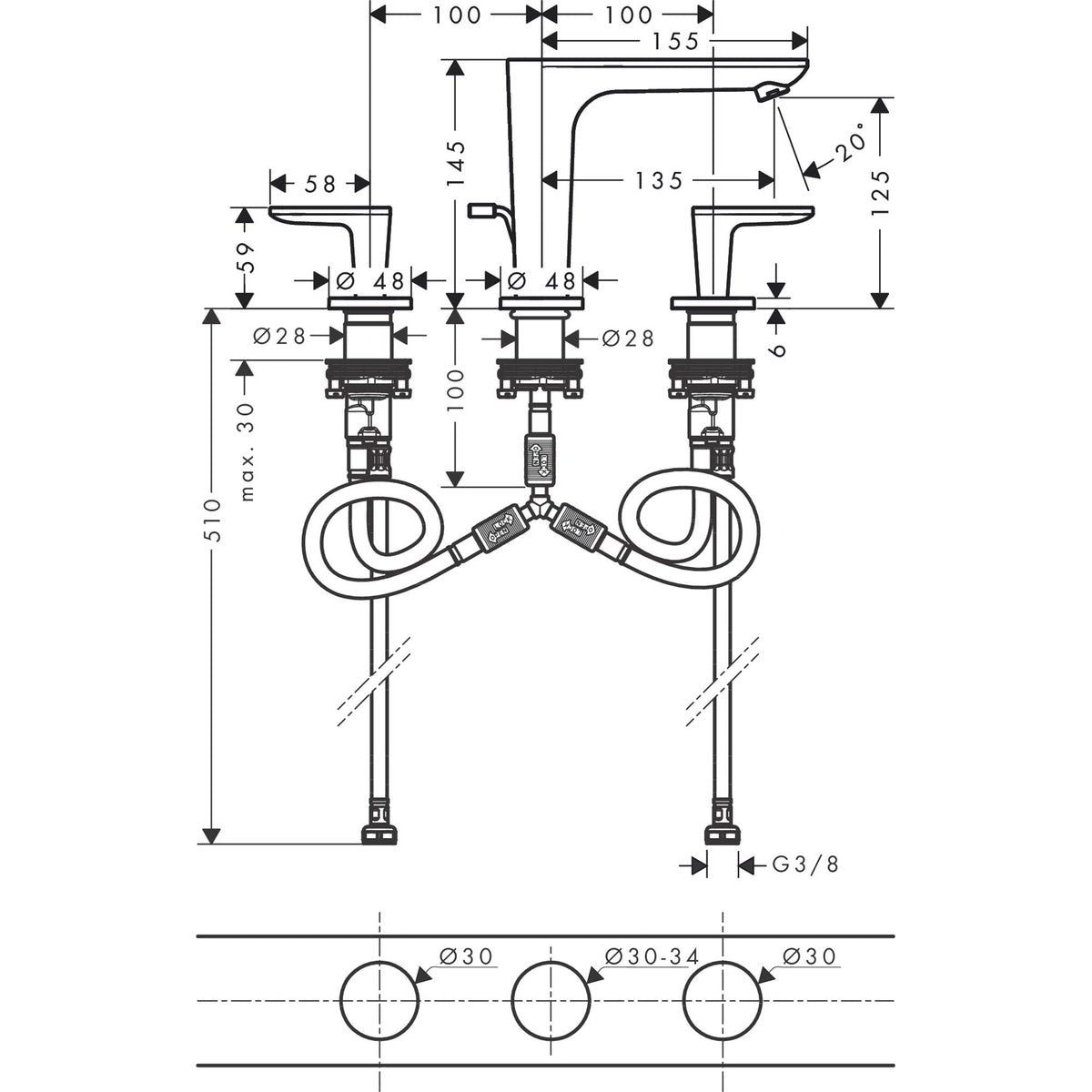 AXOR-Citterio-C-3-hole-basin-mixer-125-with-pop-up-waste-set-49060-technical-01