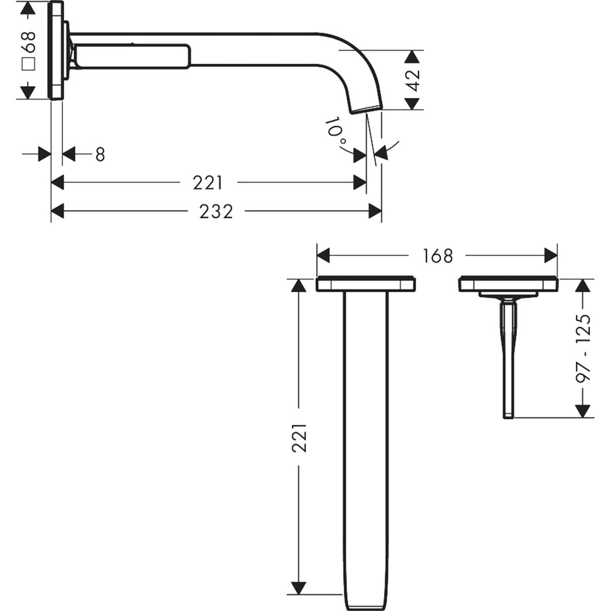 AXOR-Citterio-E-Single-lever-basin-mixer-for-concealed-installation-wall-mounted-with-pin-handle-spout-221-mm-and-escutcheons-36106-technical-01
