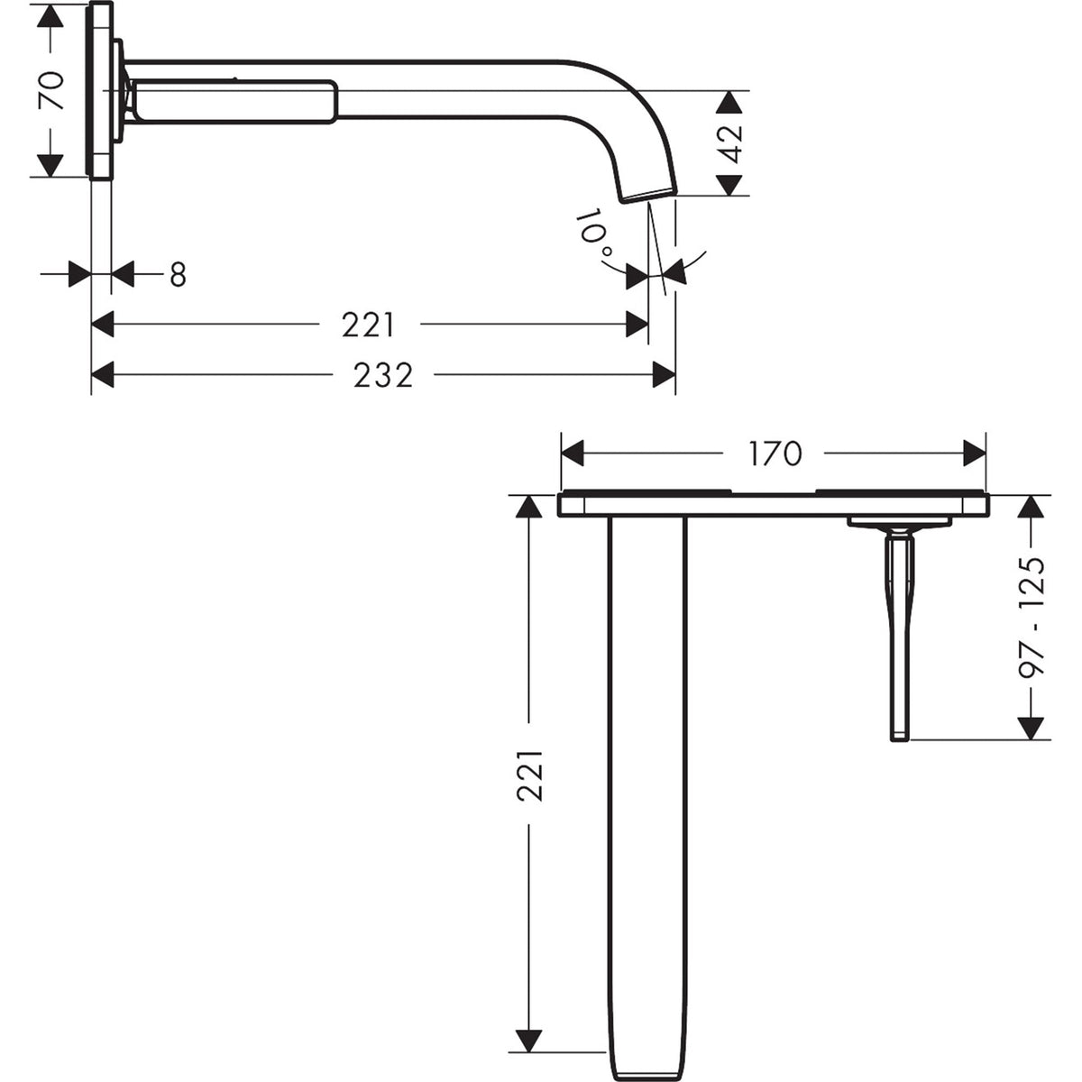 AXOR-Citterio-E-Single-lever-basin-mixer-for-concealed-installation-wall-mounted-with-pin-handle-spout-221-mm-and-plate-36114-technical-01
