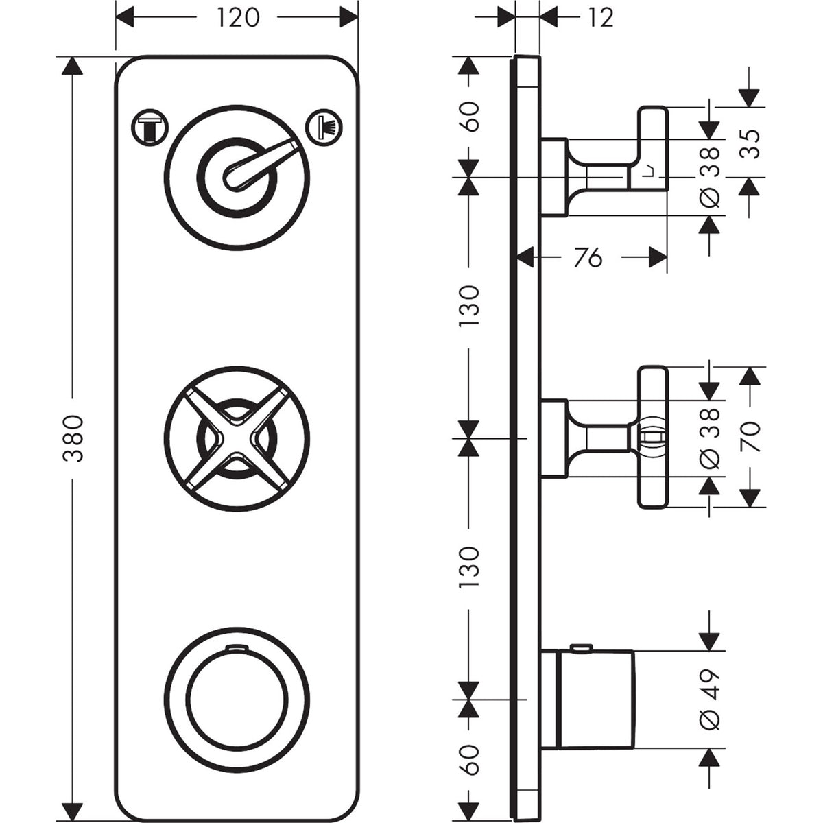 AXOR-Citterio-E-Thermostatic-module-380-120-for-concealed-installation-for-2-functions-with-plate-36703-technical-03