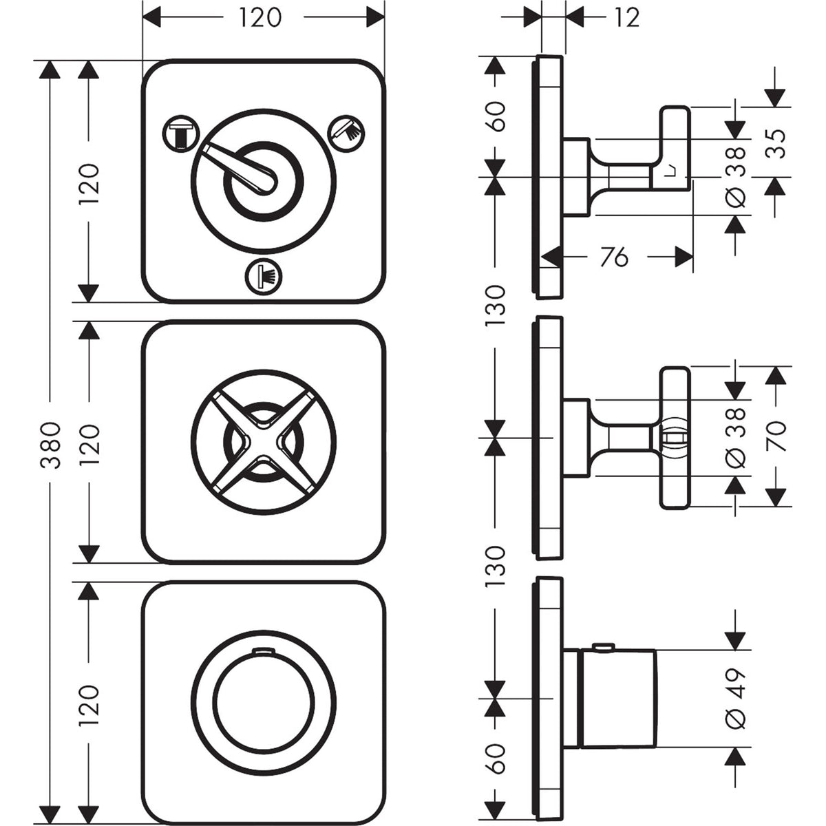 AXOR-Citterio-E-Thermostatic-module-380-120-for-concealed-installation-for-3-functions-with-escutcheons-36704-technical-02
