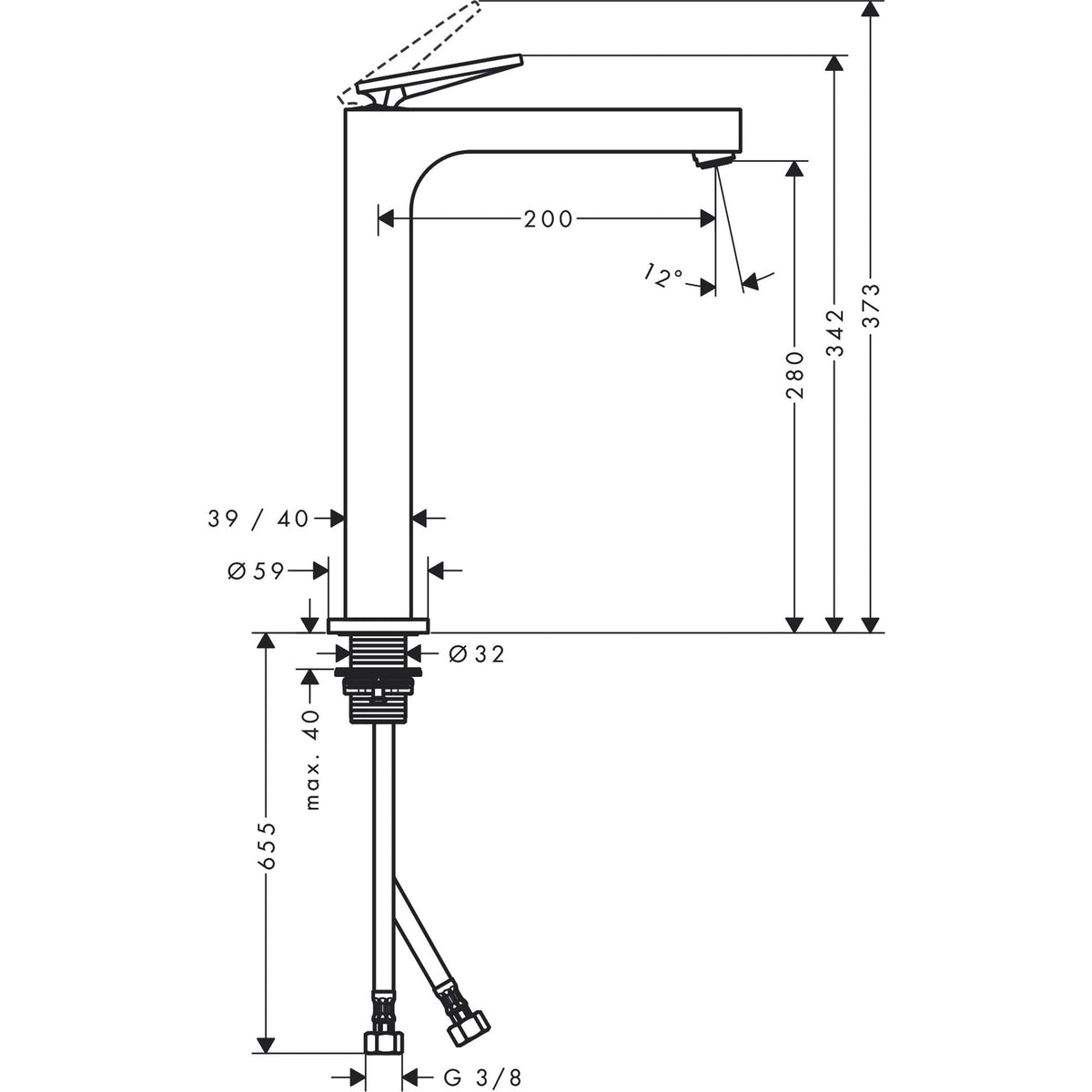 AXOR-Citterio-Single-lever-basin-mixer-280-with-lever-handle-for-wash-bowls-with-waste-set-rhombic-cut-39151-technical-01
