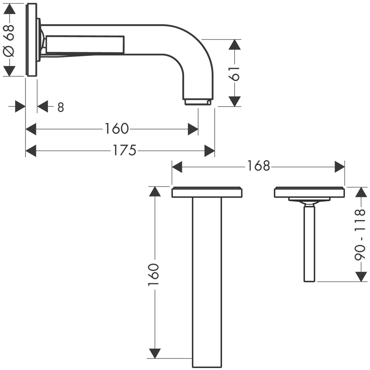 AXOR-Citterio-Single-lever-basin-mixer-for-concealed-installation-wall-mounted-with-pin-handle-spout-160-mm-and-escutcheons-39113-technical-02