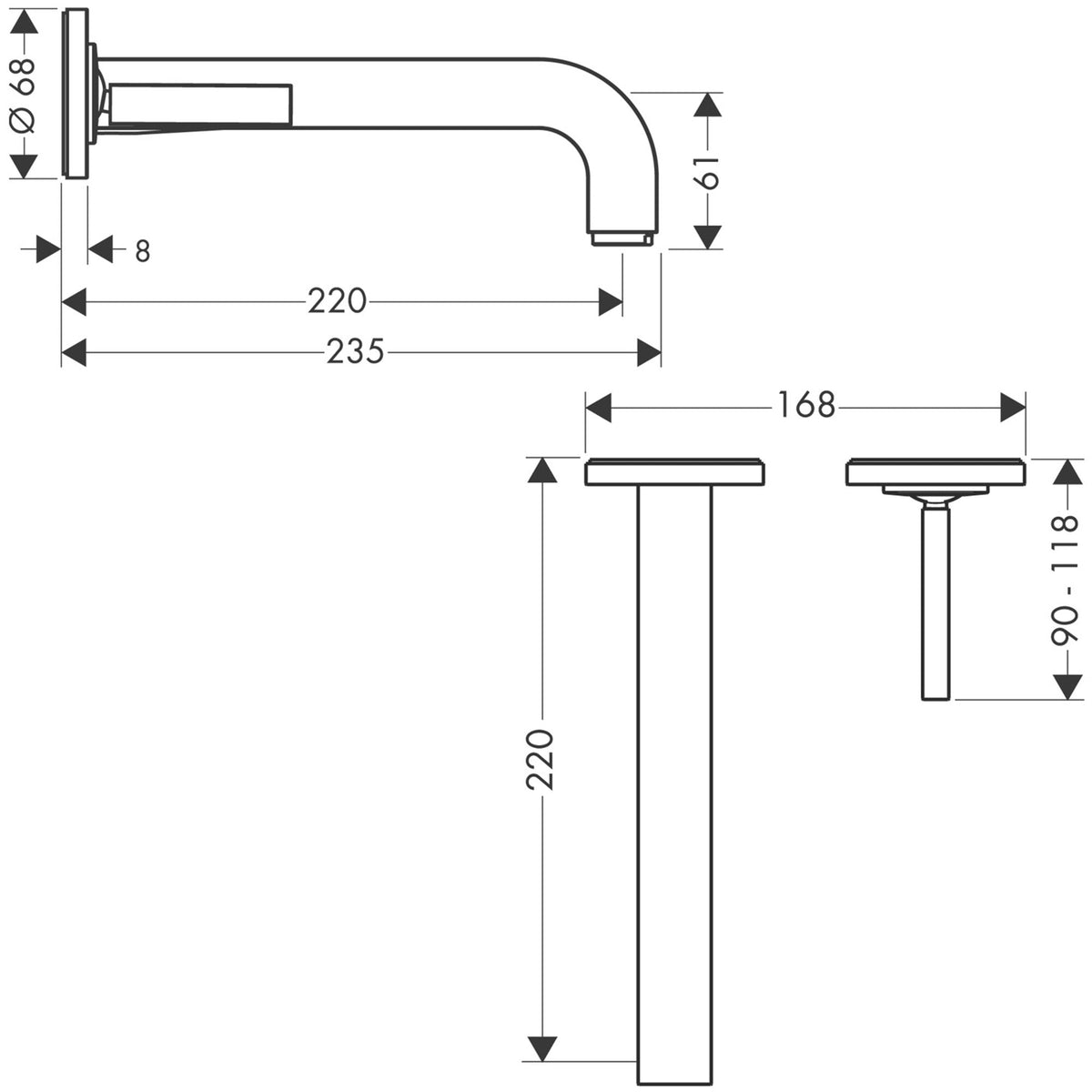 AXOR-Citterio-Single-lever-basin-mixer-for-concealed-installation-wall-mounted-with-pin-handle-spout-220-mm-and-escutcheons-39116-technical-02