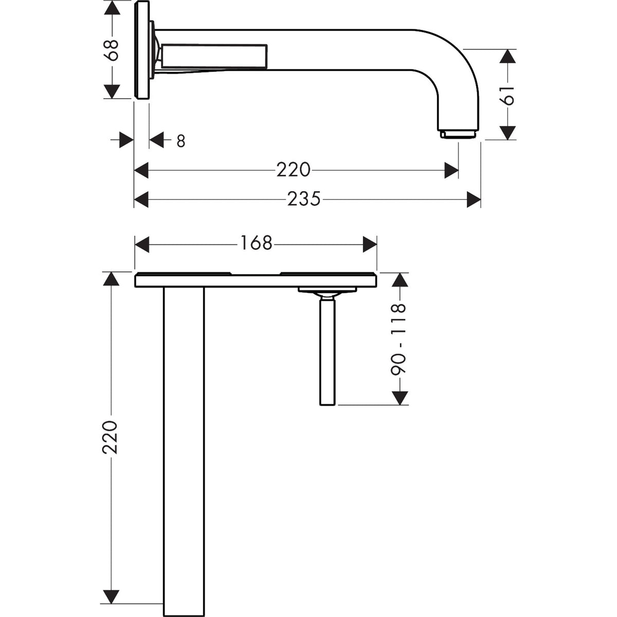 AXOR-Citterio-Single-lever-basin-mixer-for-concealed-installation-wall-mounted-with-pin-handle-spout-220-mm-and-plate-39115-technical-02