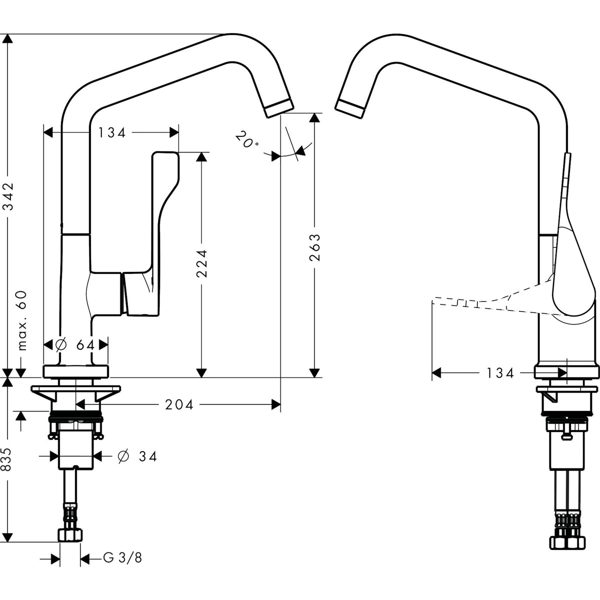 AXOR-Citterio-Single-lever-kitchen-mixer-260-with-swivel-spout-EcoSmart-39853-technical-02