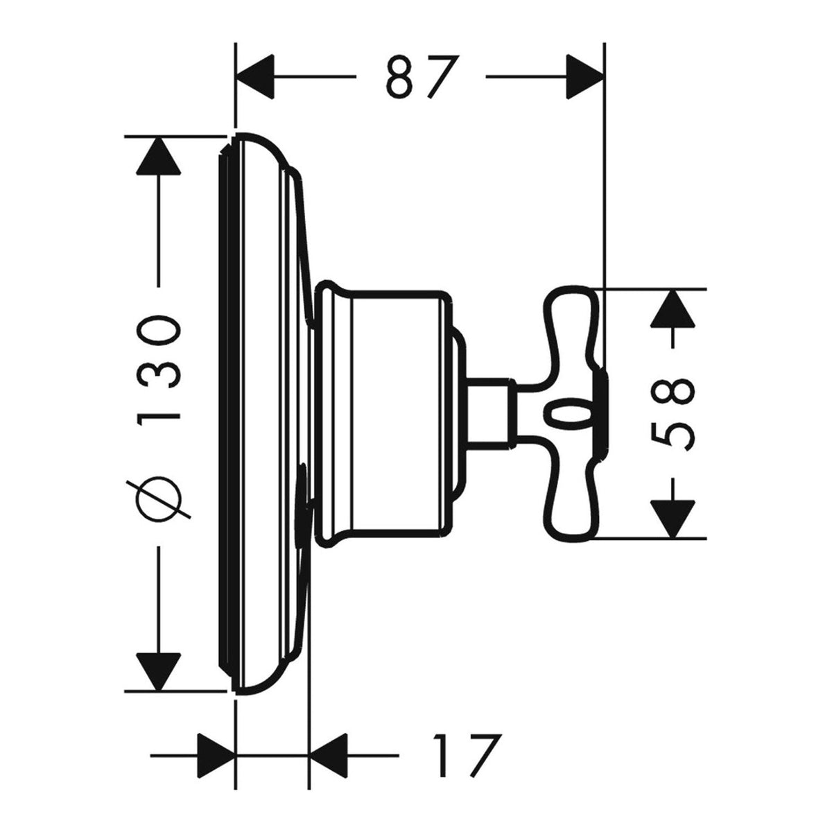 AXOR Montreux Shut off diverter valve Trio Quattro for concealed installation with cross handle 16830 technical 01