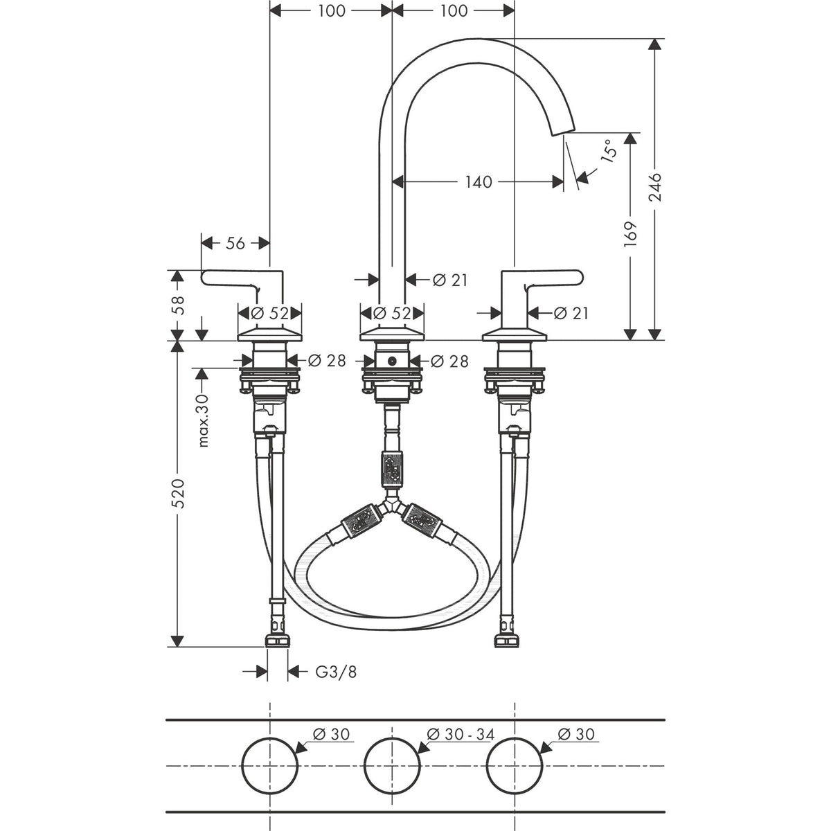 AXOR-One-3-hole-basin-mixer-170-with-lever-handles-and-push-open-waste-set-48050-technical-01