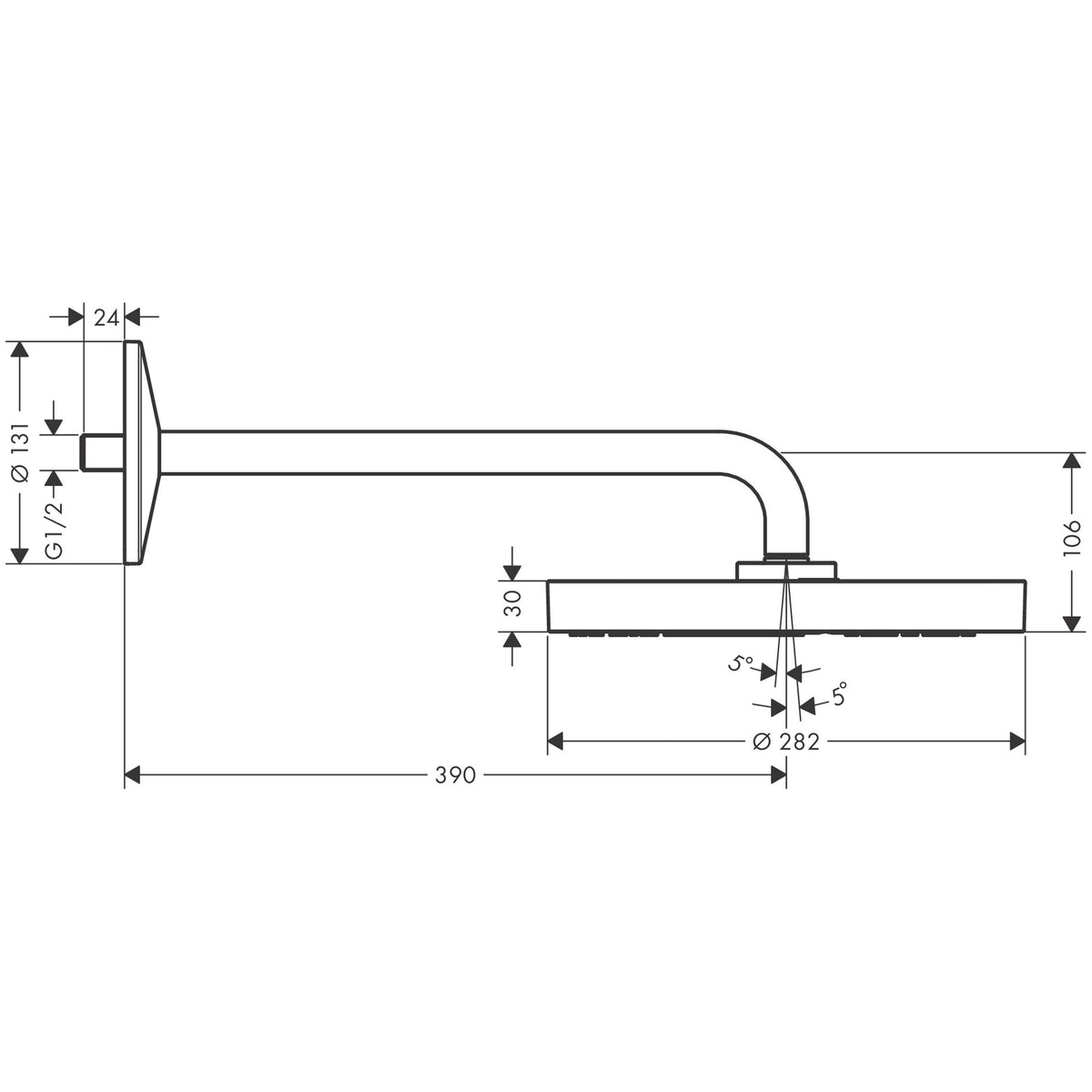 AXOR-One-Overhead-shower-280-1jet-with-shower-arm-48491-scale-draw