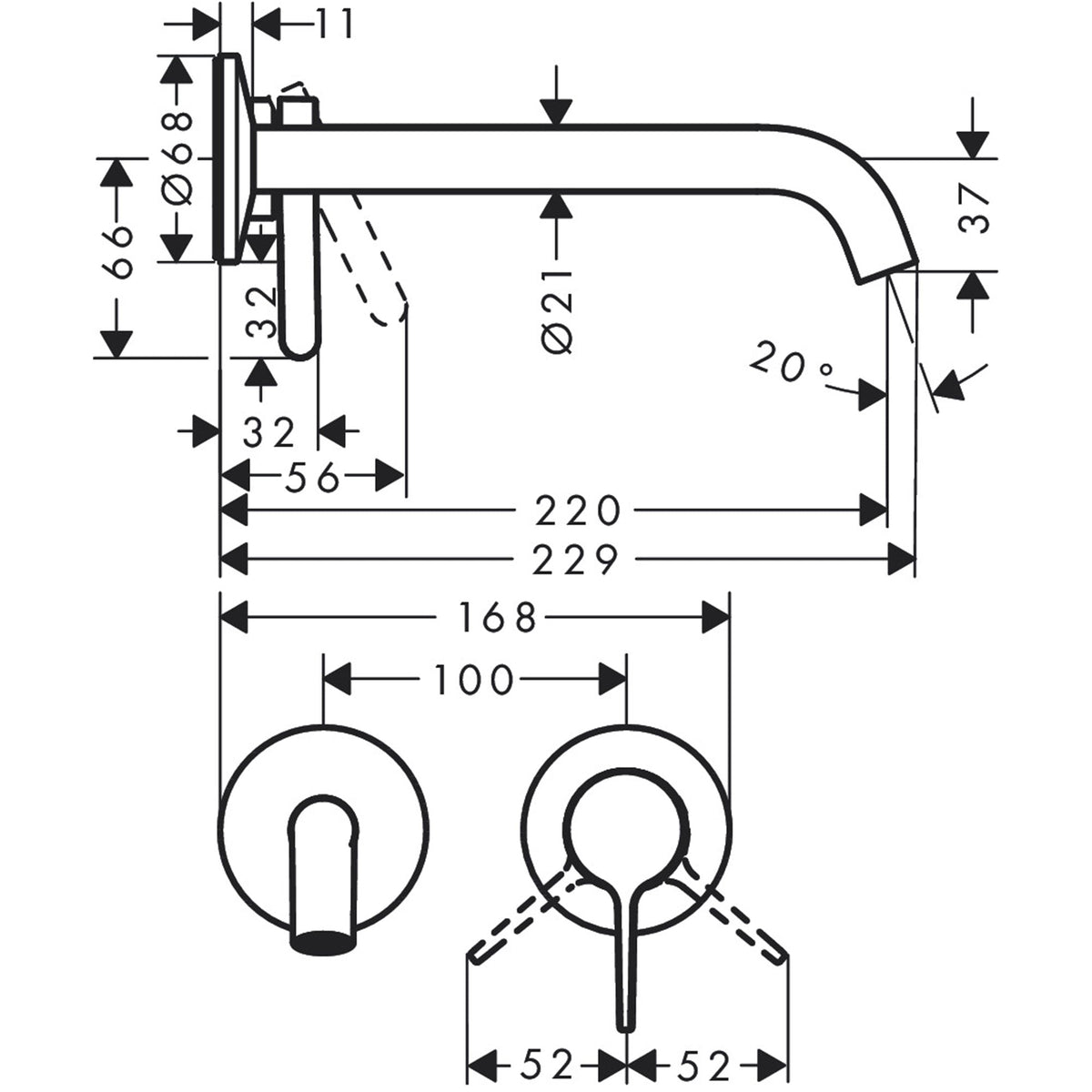 AXOR-One-Single-lever-basin-mixer-for-concealed-installation-wall-mounted-with-lever-handle-and-spout-220-mm-48120-technical-01