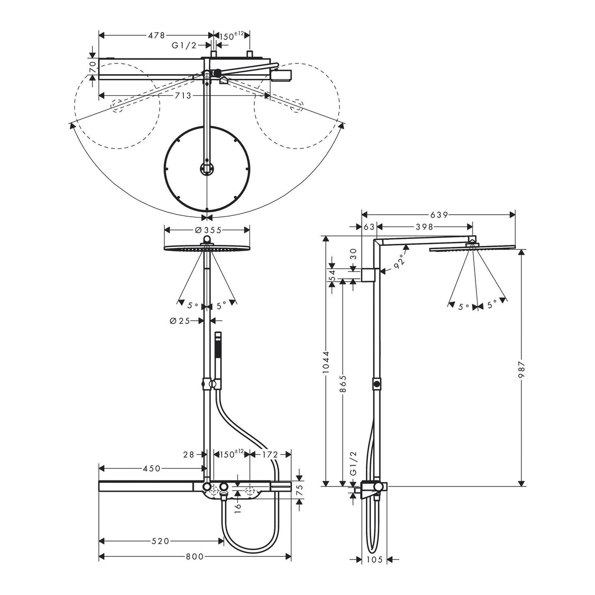 AXOR ShowerSolutions Showerpipe with thermostat 800 and overhead shower 350 1jet 27984 technical 01