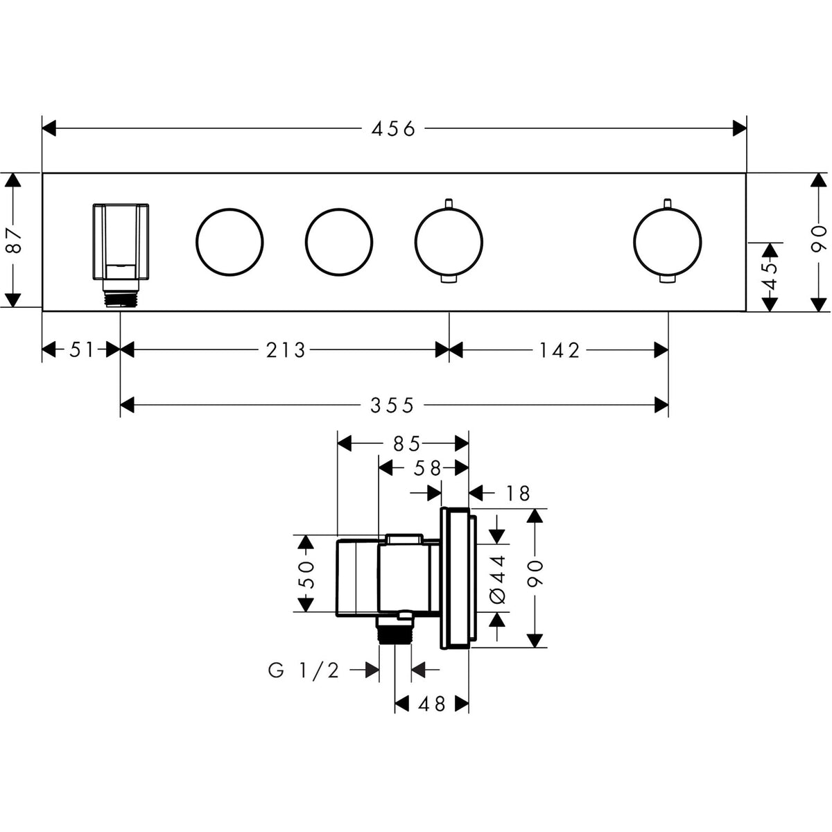 AXOR-ShowerSolutions-Thermostatic-module-Select-460-90-for-concealed-installation-for-2-functions-18355-technical-01