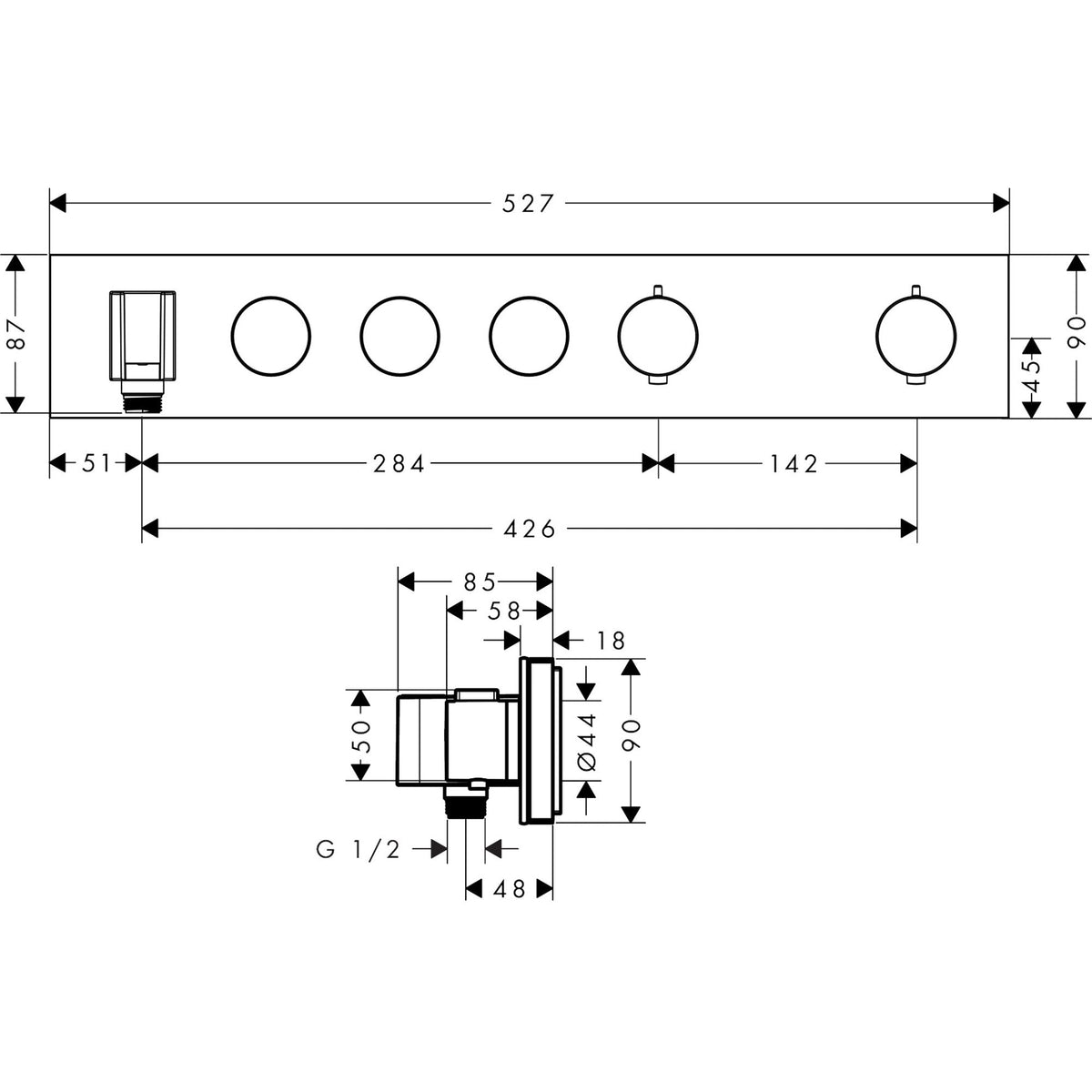 AXOR-ShowerSolutions-Thermostatic-module-Select-530-90-for-concealed-installation-for-3-functions-18356-technical-01