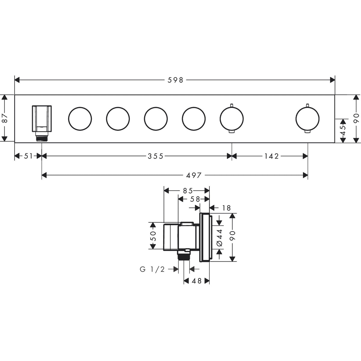 AXOR-ShowerSolutions-Thermostatic-module-Select-600-90-for-concealed-installation-for-4-functions-18357-technical-01