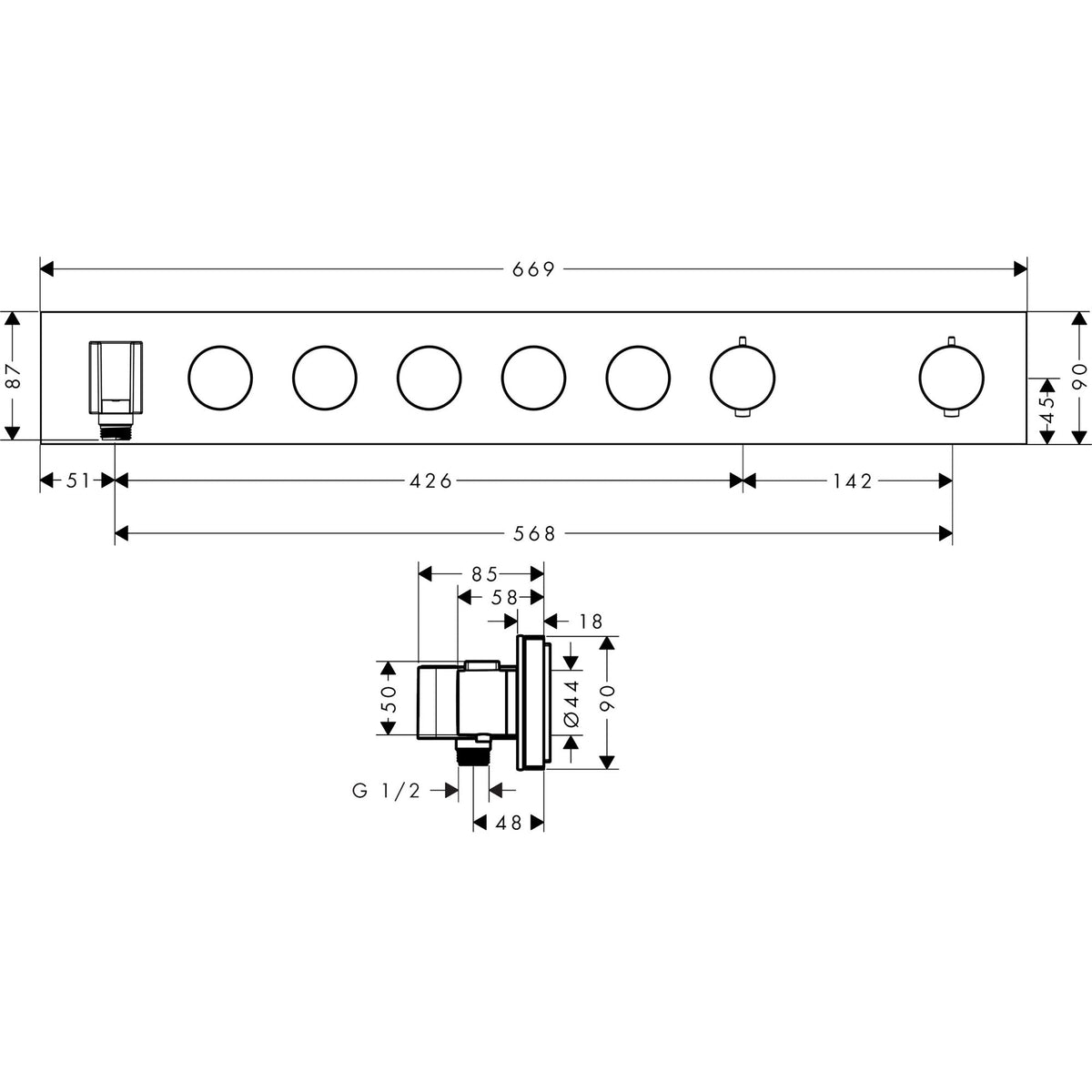 AXOR-ShowerSolutions-Thermostatic-module-Select-670-90-for-concealed-installation-for-5-functions-18358-technical-01