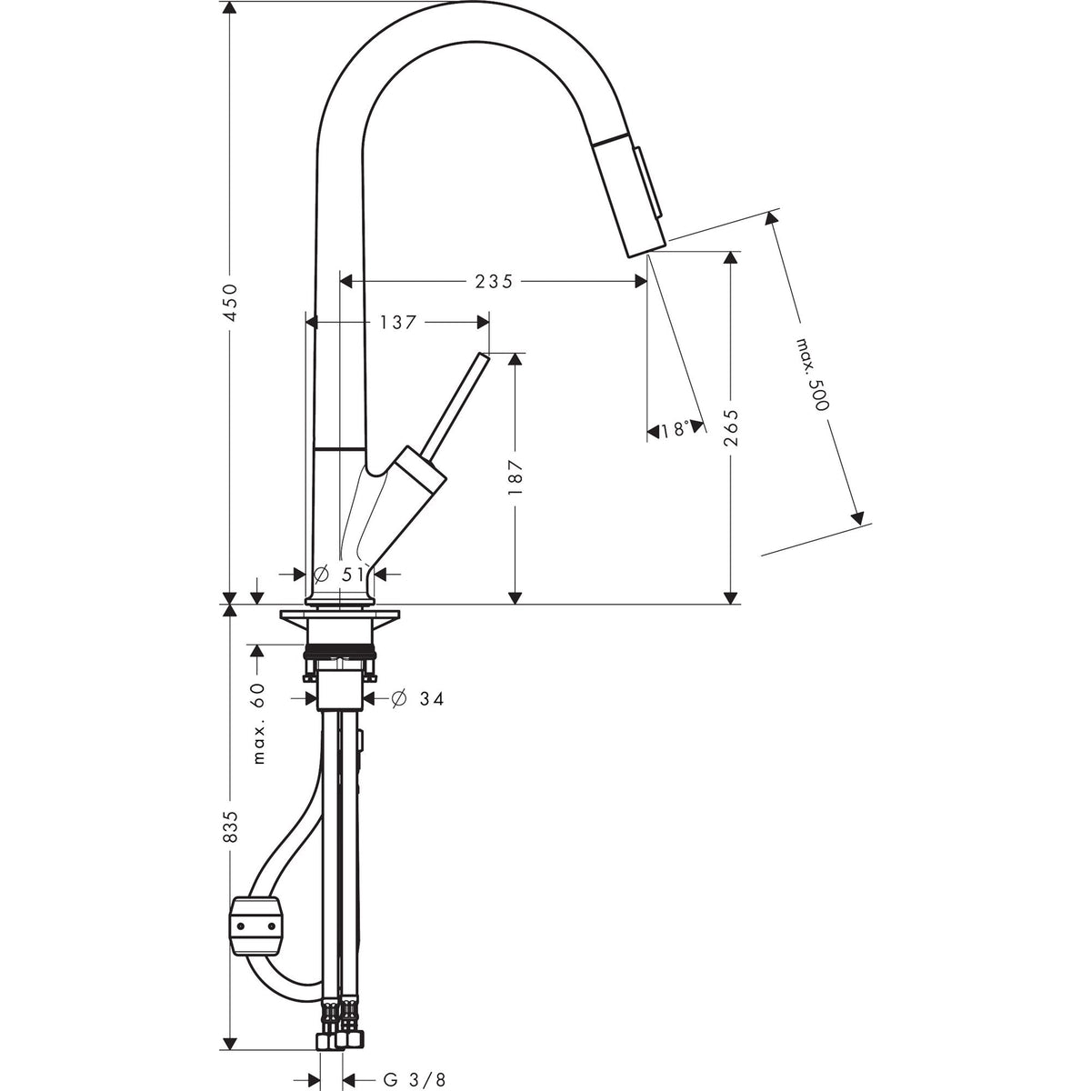 AXOR-Starck-Single-lever-kitchen-mixer-270-with-pull-out-spray-EcoSmart-12800-technical-02